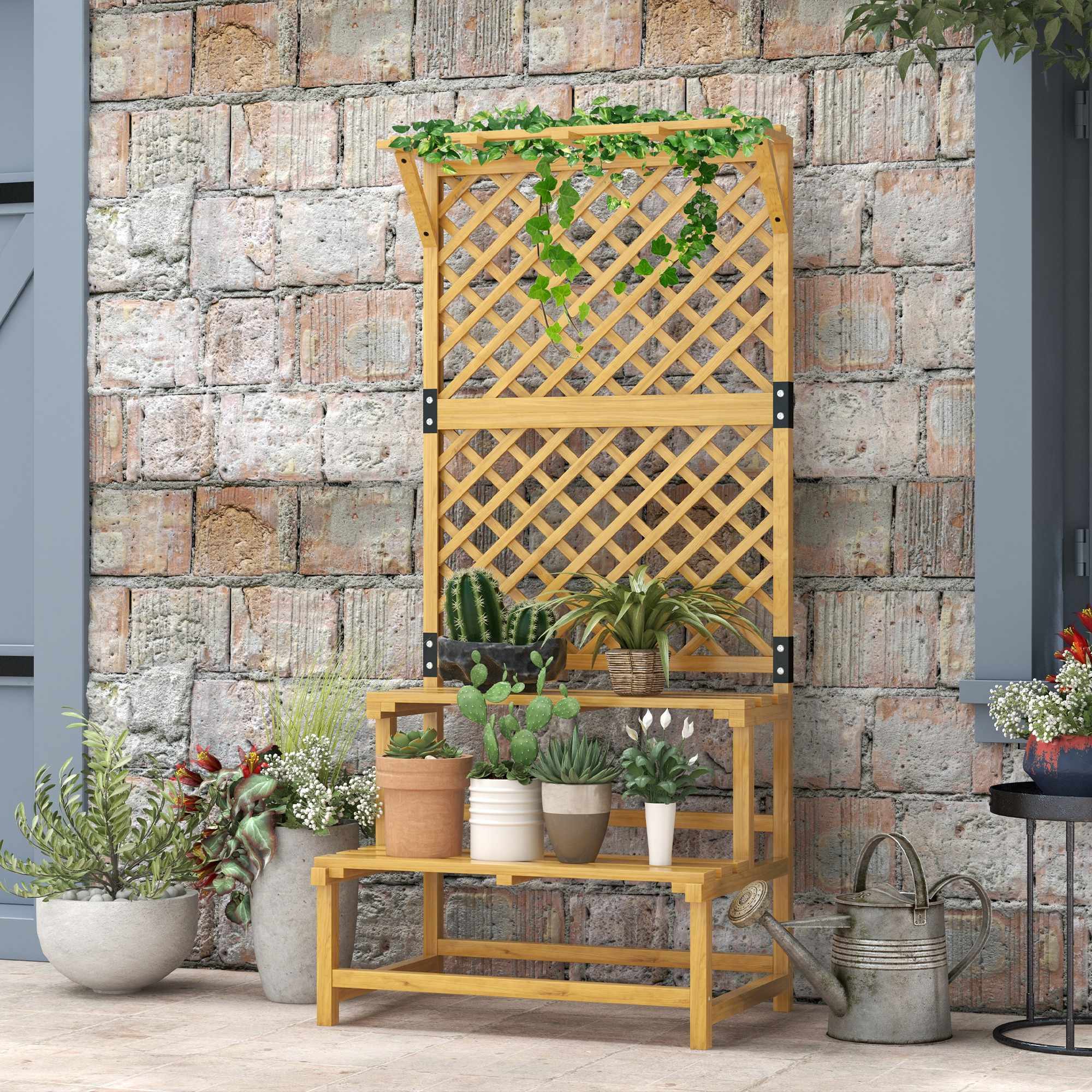 Tvåvånings växtställ med spaljé och tak, gran, 75x50x166cm
