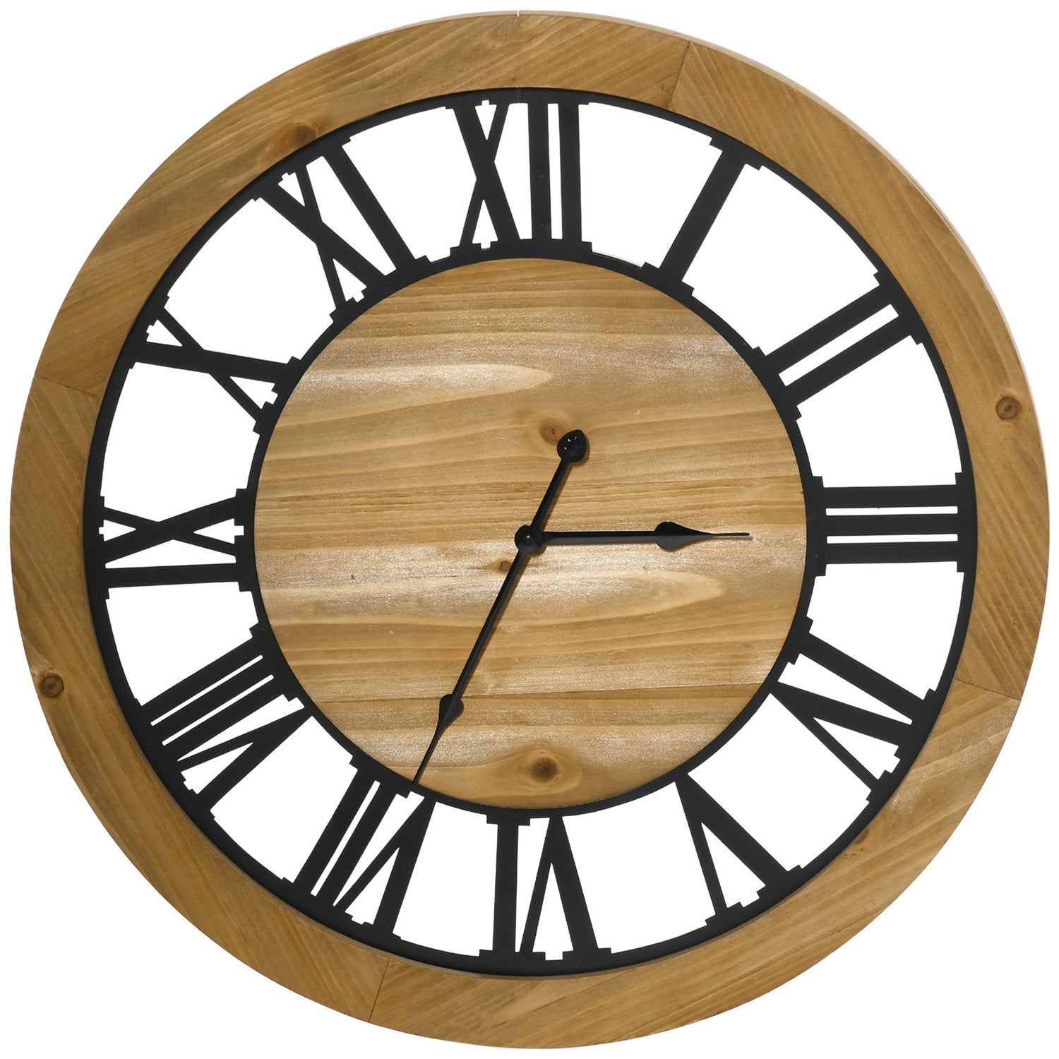 Tyst vintage väggklocka – 60 cm, metall & trä, svart/natur