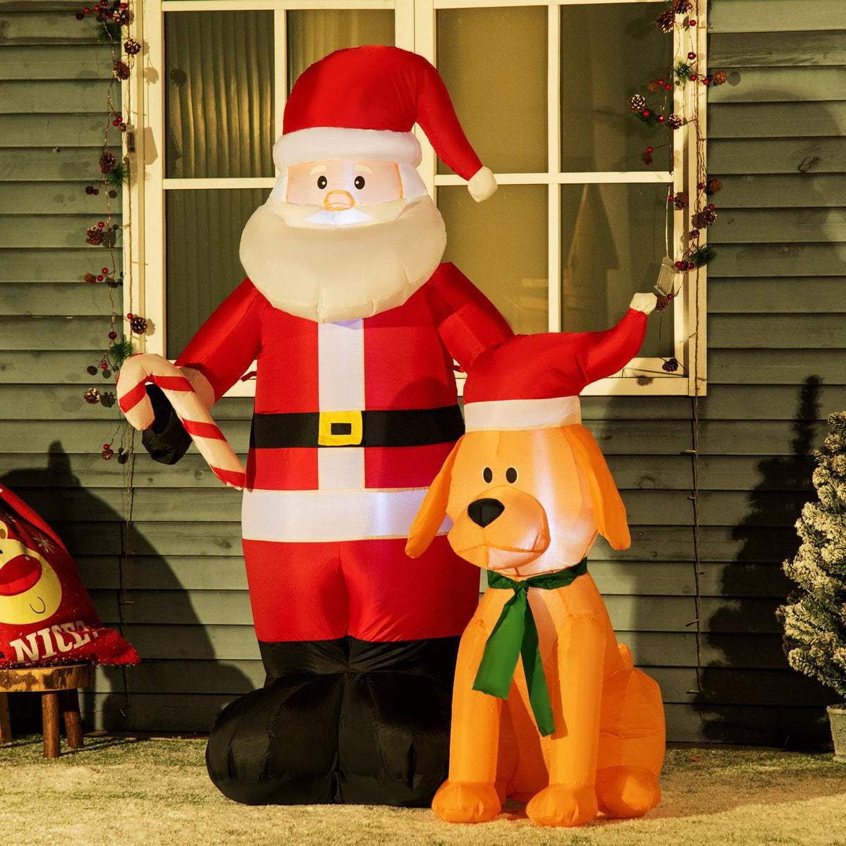Uppblåsbar 157Cm tomte med hund, LED-lampor, vattentät