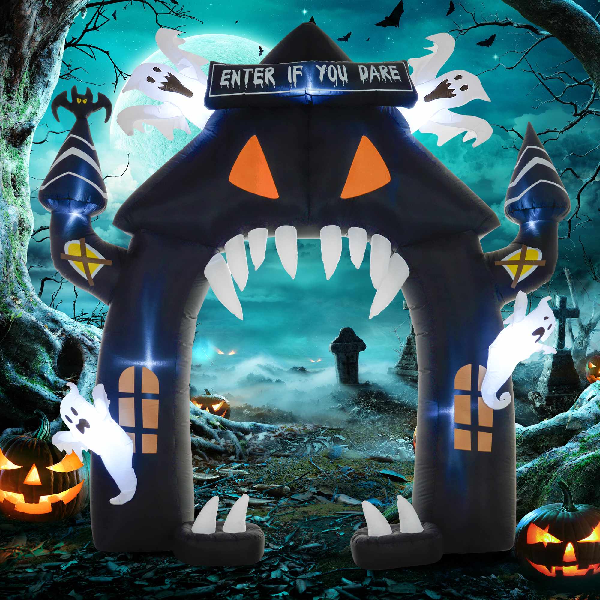 Uppblåsbar Halloween-båge, 4 spöken, LED, 3m