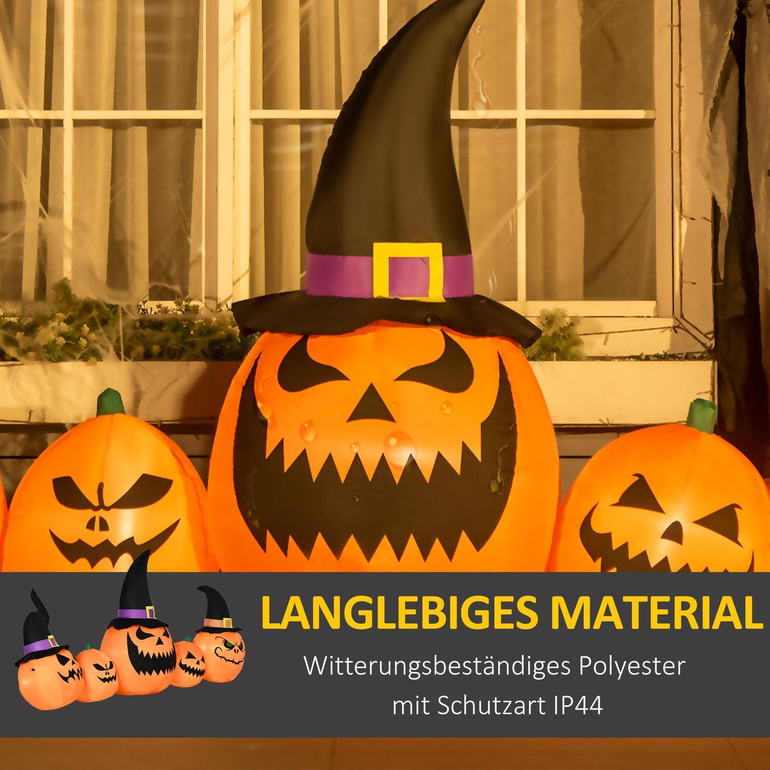 Uppblåsbar Halloween-pumpa med häxhatt och LED-lampor