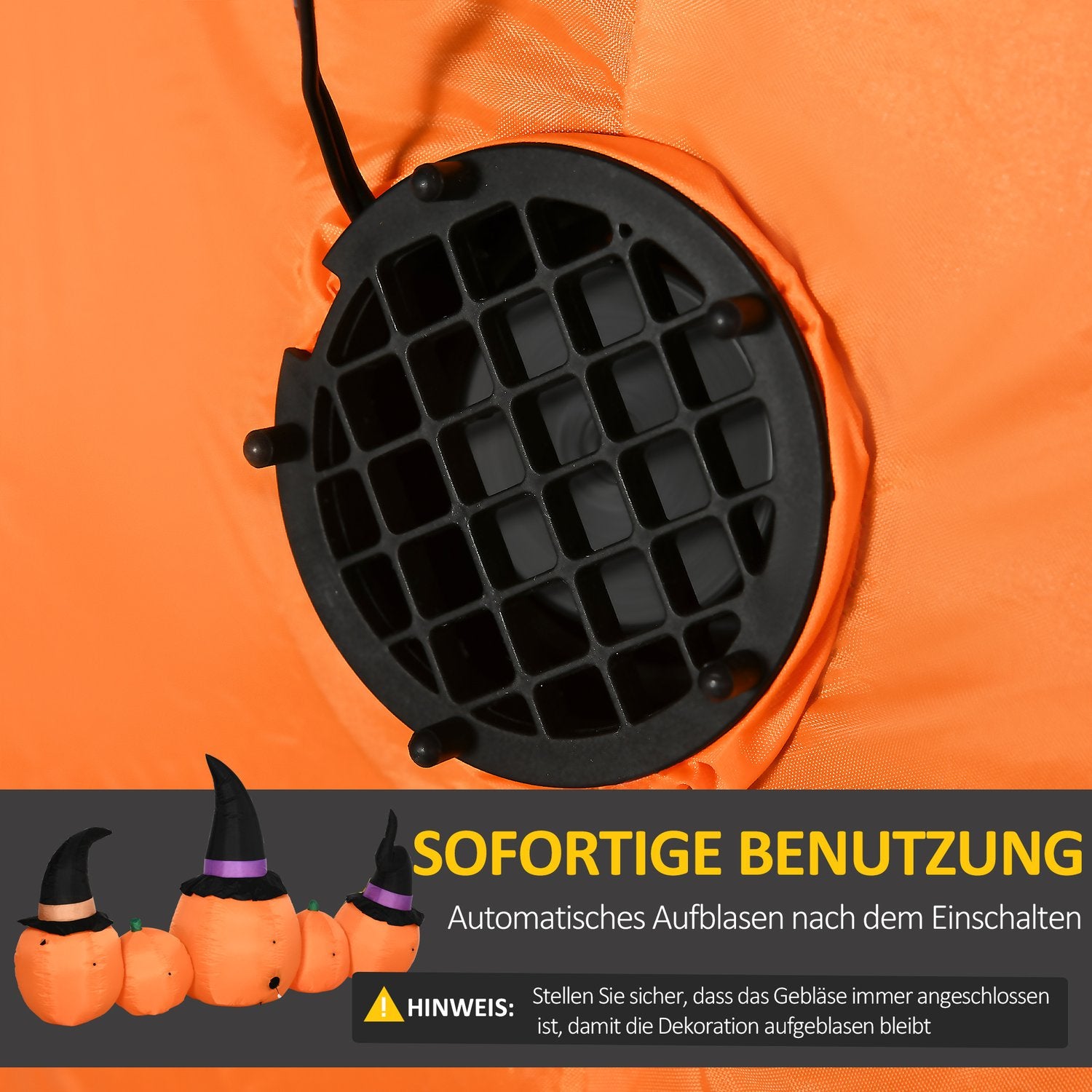 Uppblåsbar Halloween-pumpa med häxhatt och LED-lampor