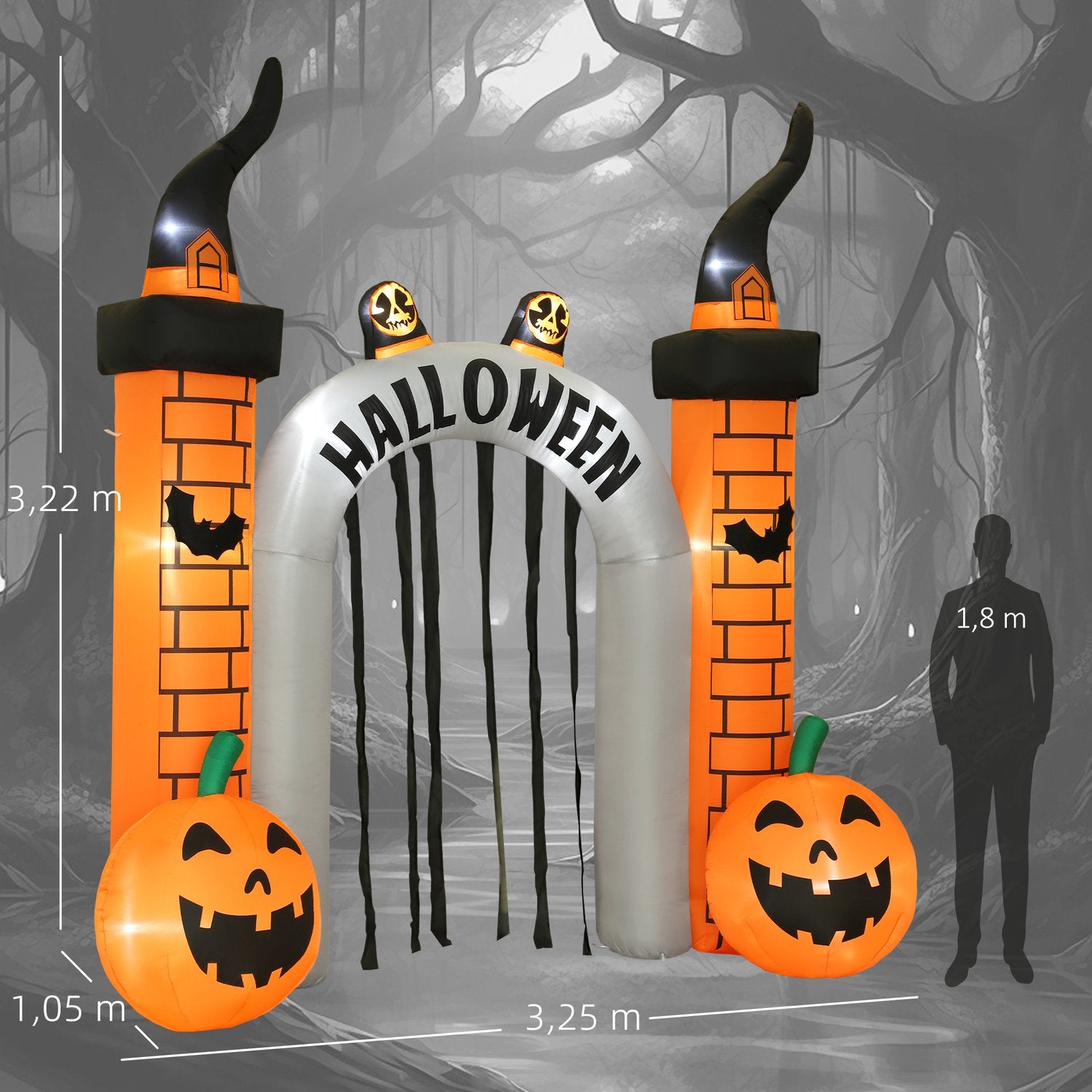Uppblåsbar Halloween-valv, pumpadesign, lysdioder, pålar