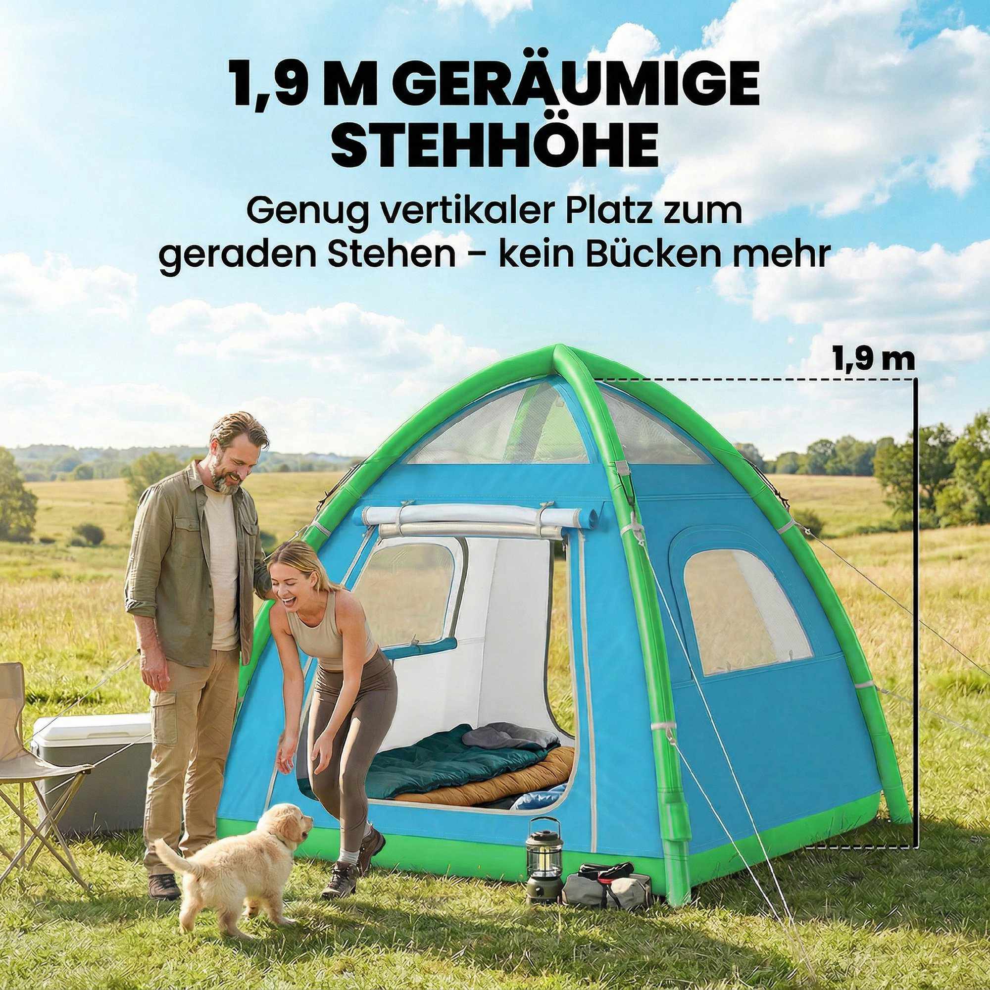Uppblåsbart campingtält för 3 personer med pump och nättak