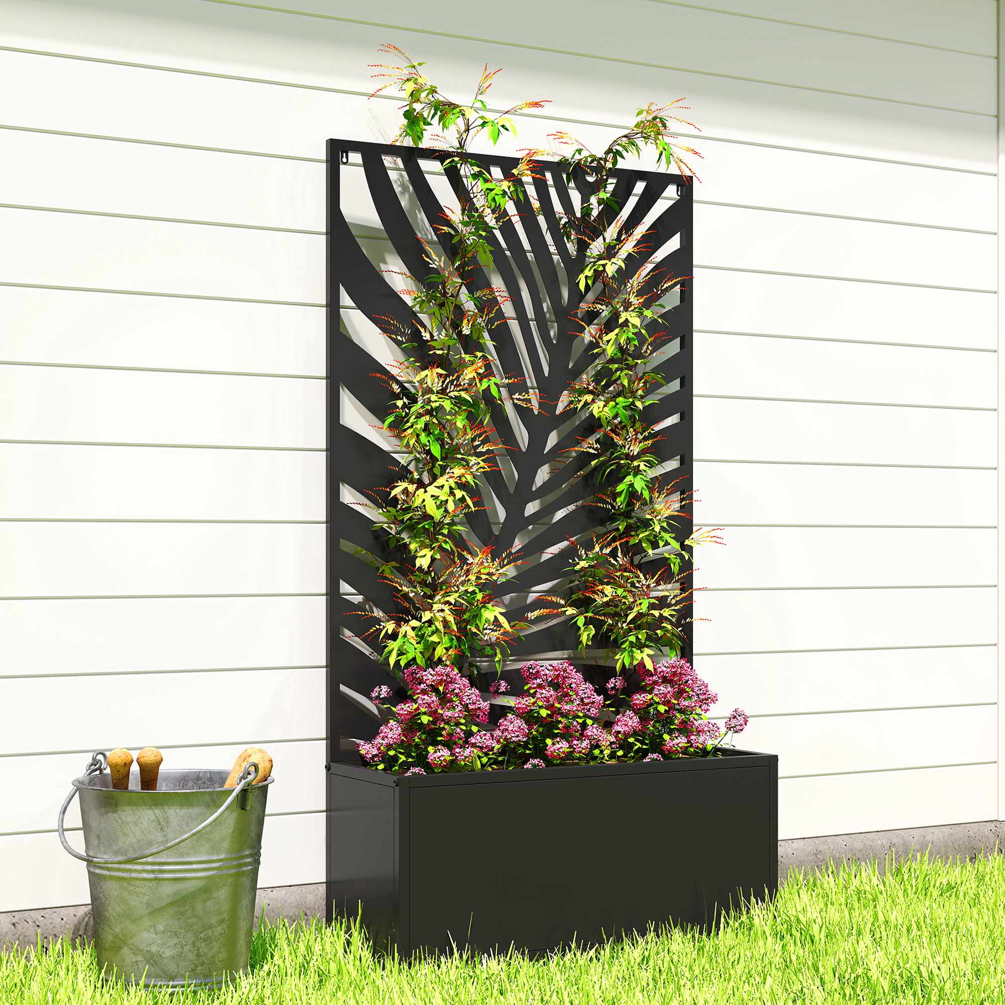 Upphöjd planteringslåda med spaljé, metall, 61 x 23 x 113 cm