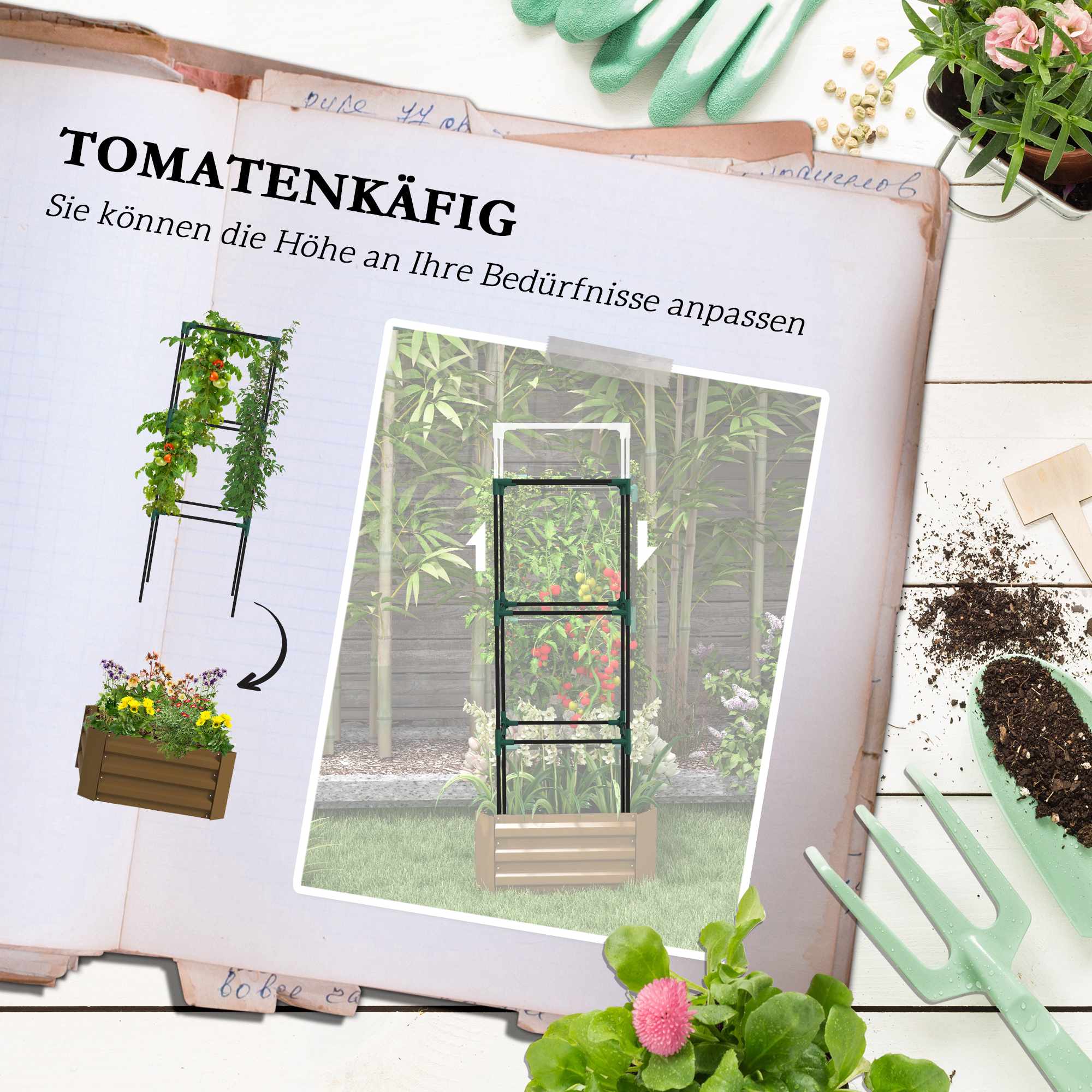 Upphöjd trädgårdsbädd med spaljé, stål, 61x61x140 cm, brun