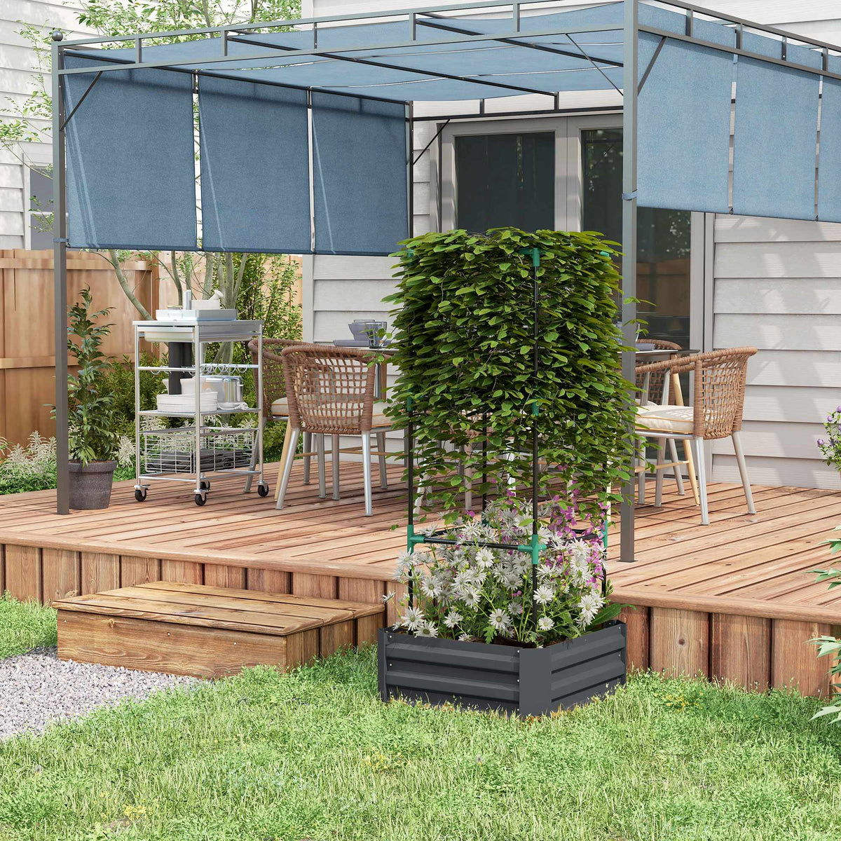Upphöjd trädgårdsbädd med spaljé, stål, 61x61x140 cm, mörkgrå