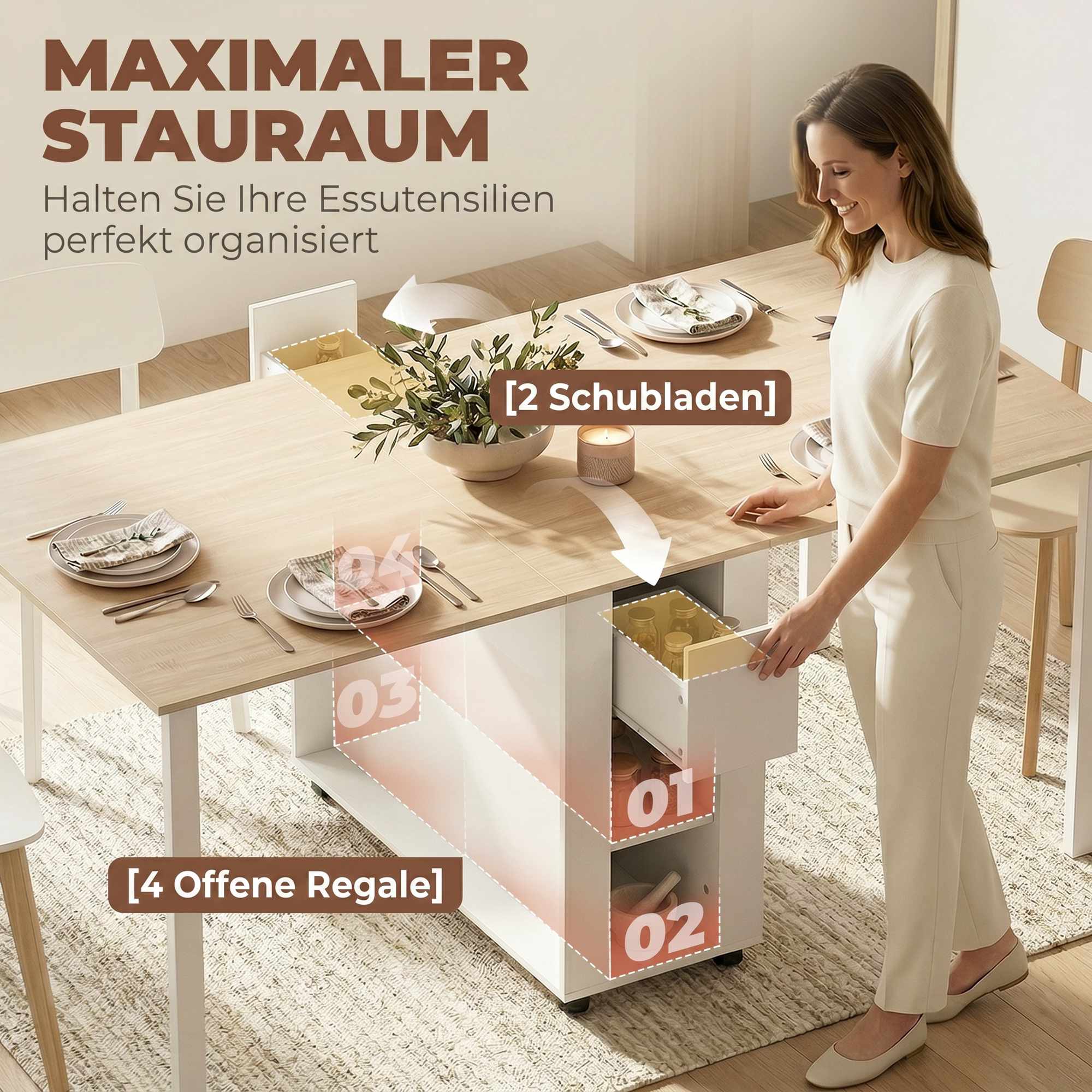 Utdragbart matbord för 6 personer, 168 cm med lådor och hyllor