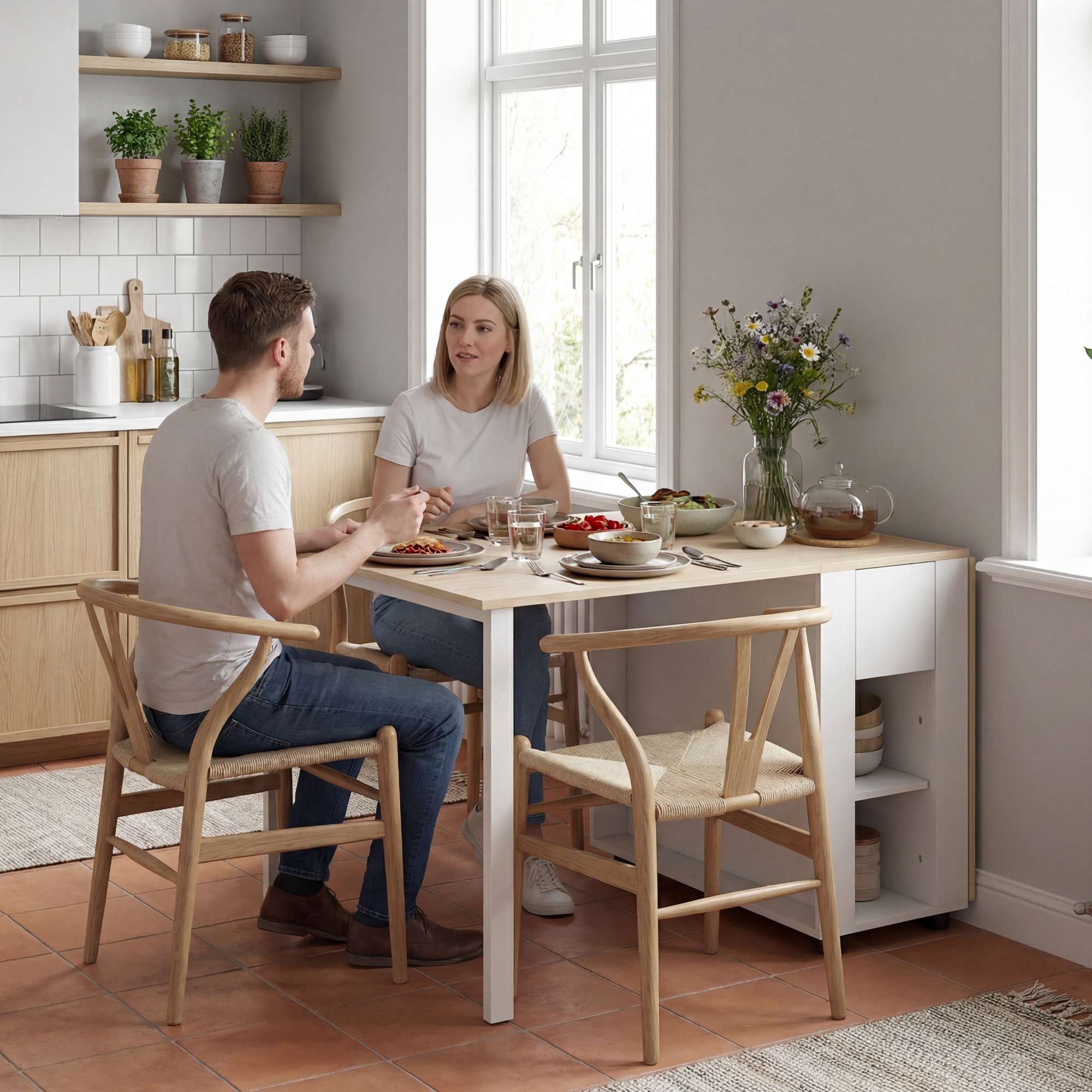 Utdragbart matbord för 6 personer, 168 cm med lådor och hyllor