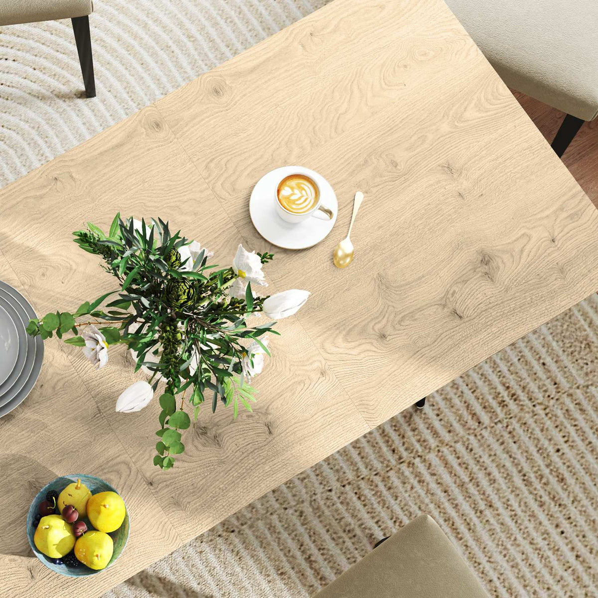Table à manger extensible, 6-8 places, pieds en acier, finition naturelle