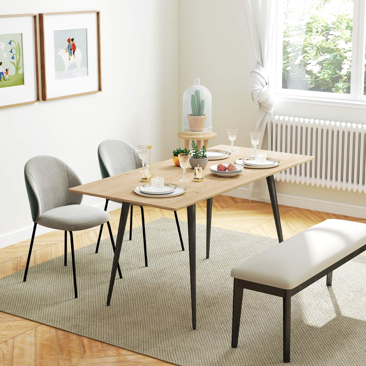 Table à manger extensible, 6-8 places, pieds en acier, finition naturelle
