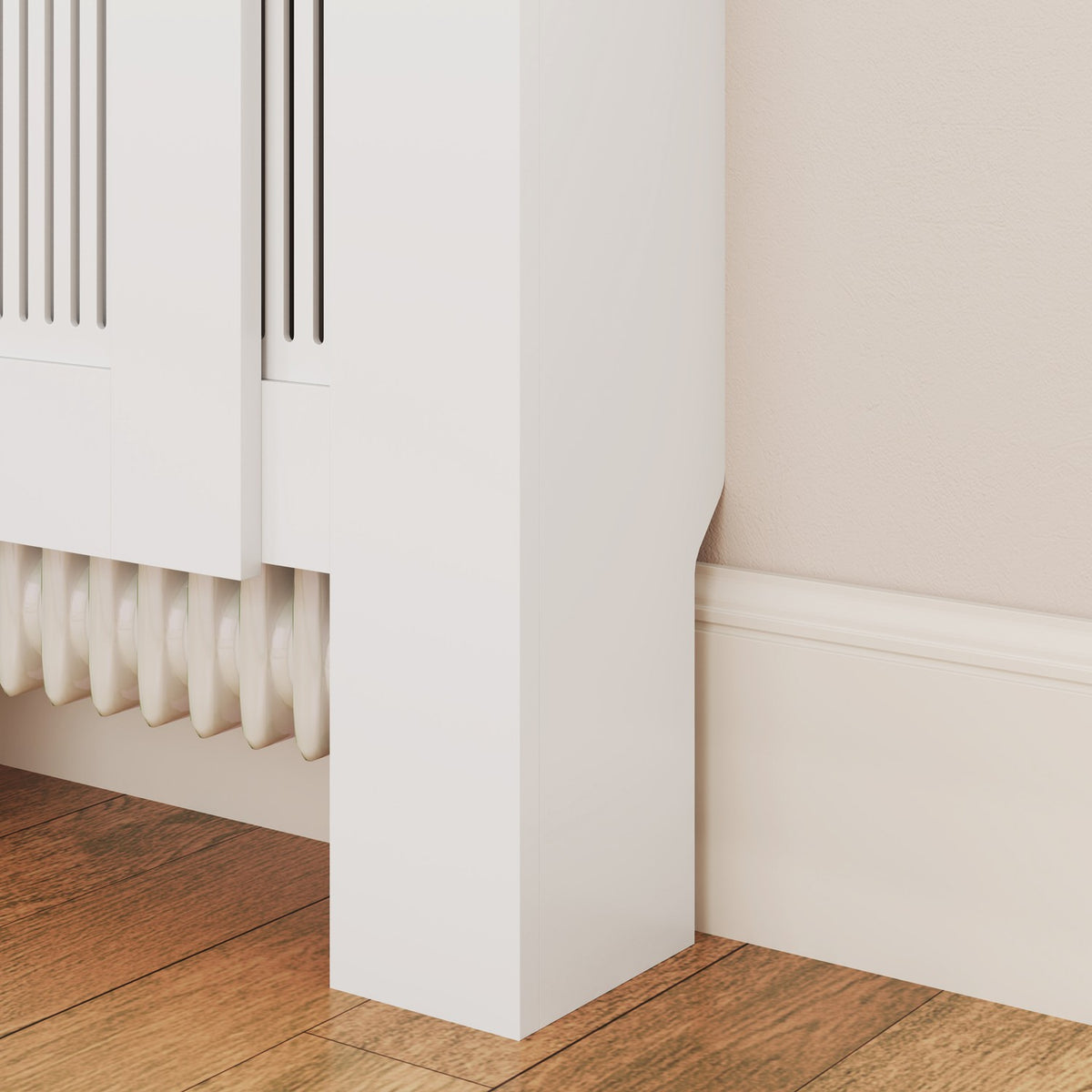 Ausziehbare weisse Heizkörperverkleidung mit Regal, Lamellendesign