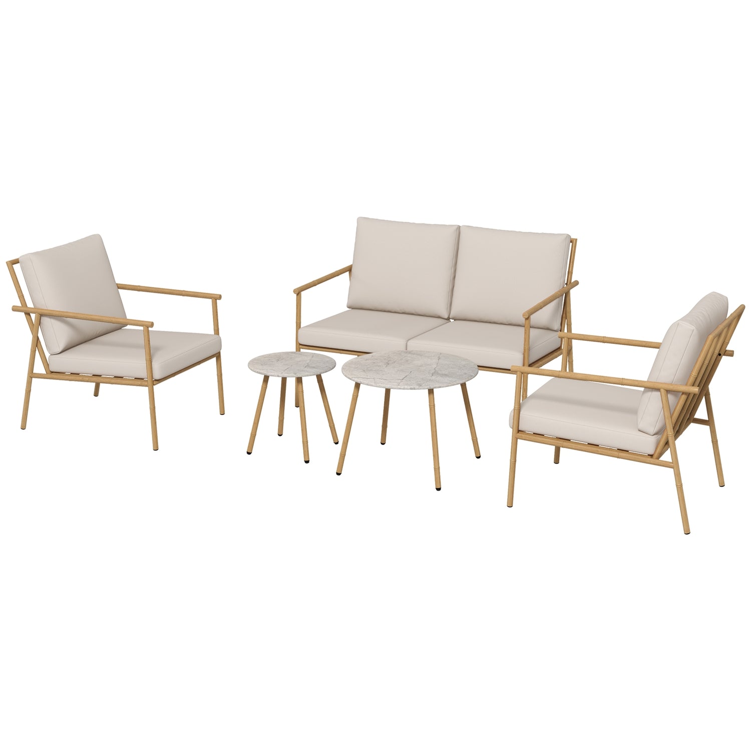 Utemöbler set – 2 stolar, soffa och bord, krämkuddar