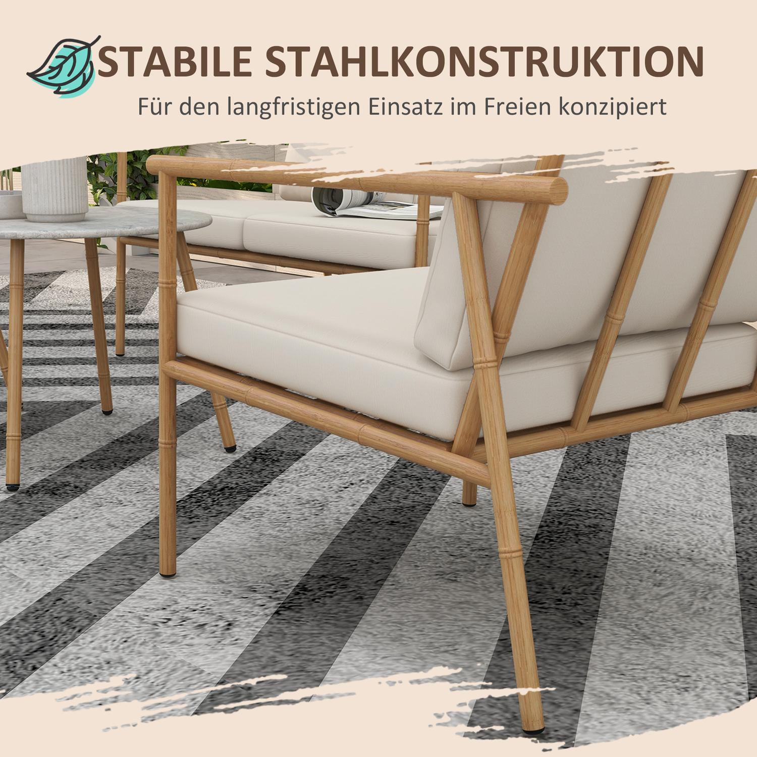 Utemöbler set – 2 stolar, soffa och bord, krämkuddar