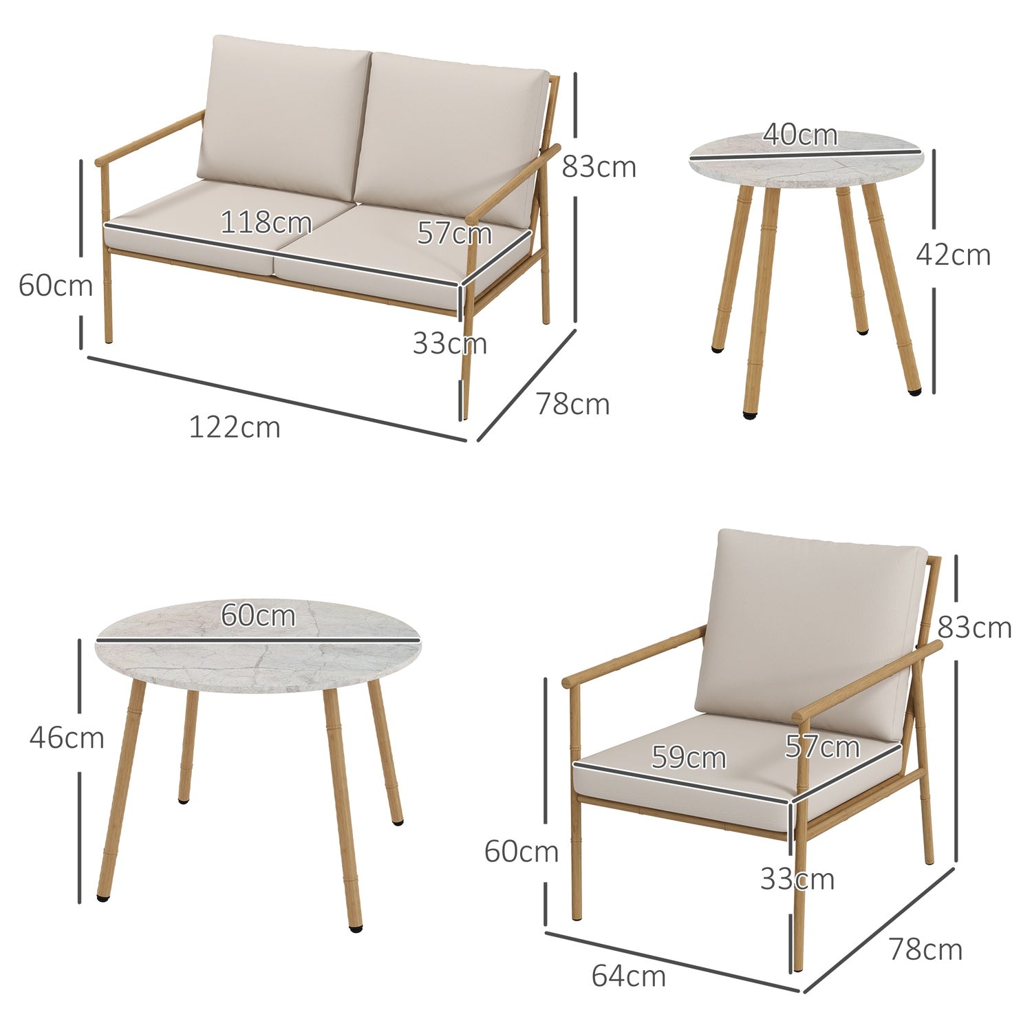 Utemöbler set – 2 stolar, soffa och bord, krämkuddar