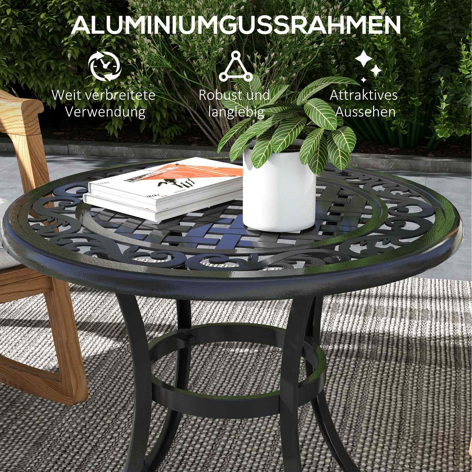 Uteplatsbord i svart aluminium, 60x60x53 cm, 50 kg kapacitet