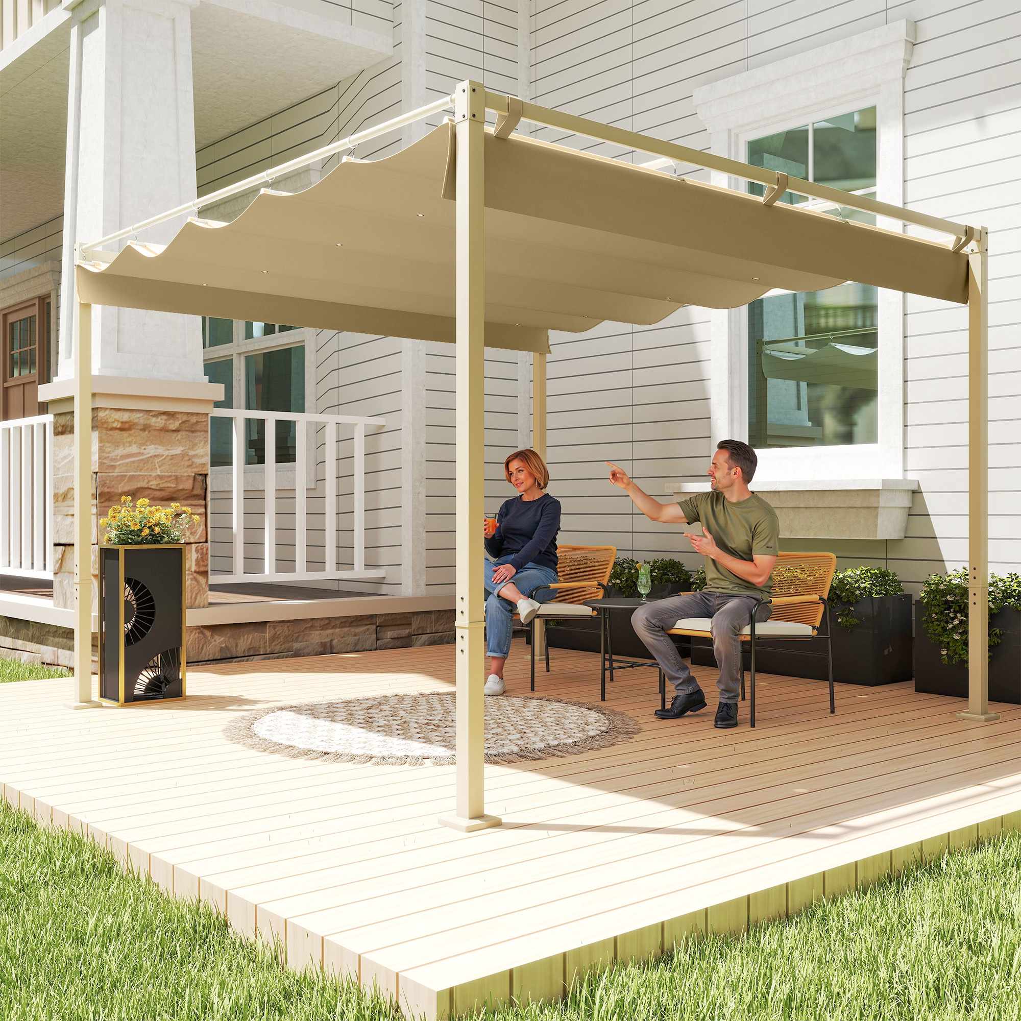 Utfällbar trädgårdspergola, 3x3m, kaki, UPF30+ tak