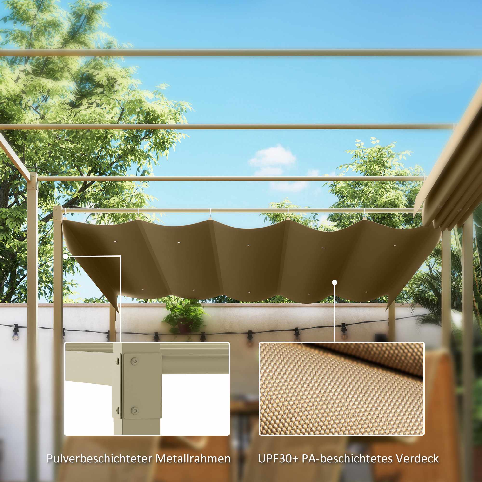 Utfällbar trädgårdspergola, 3x3m, kaki, UPF30+ tak