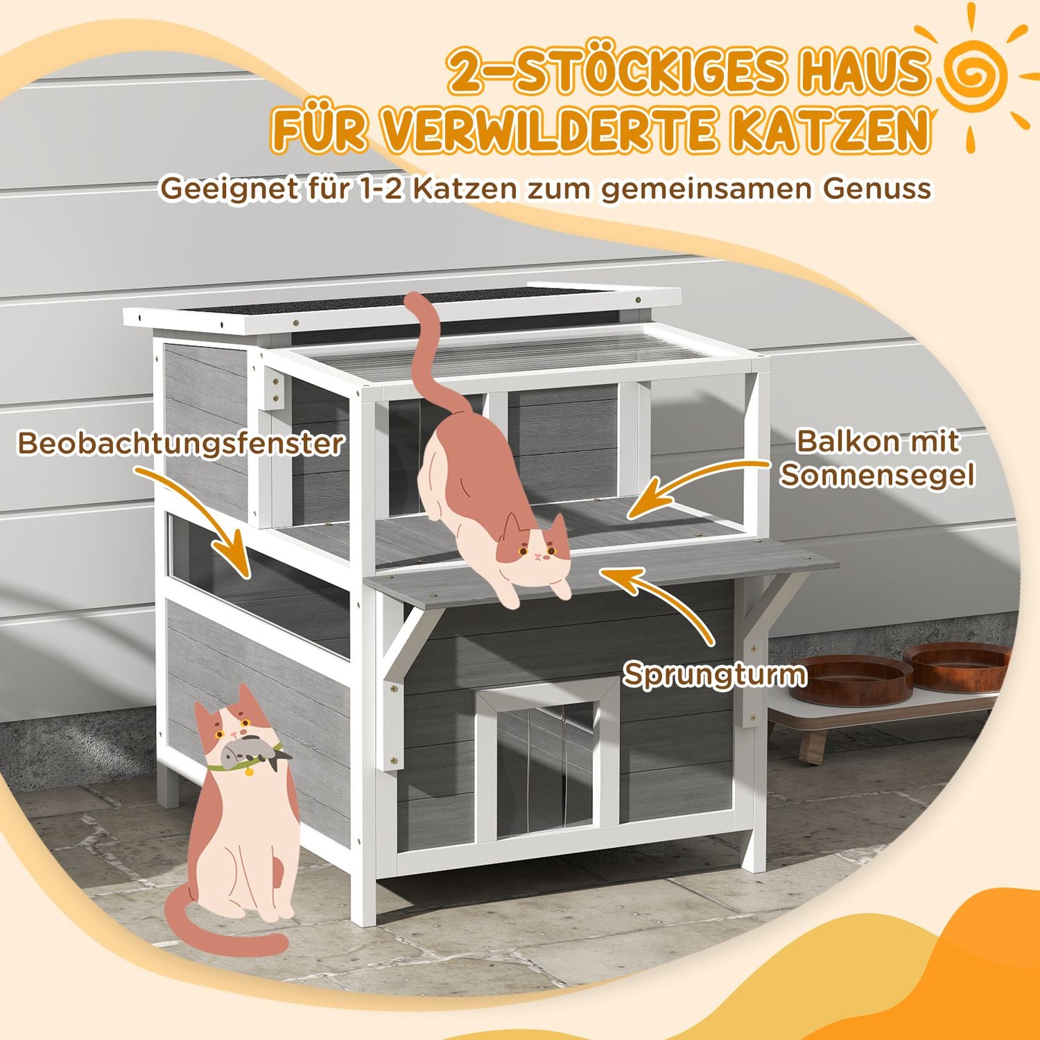 Utomhus Gran Wood Cat House med balkong, 64 x 87 x 76 cm