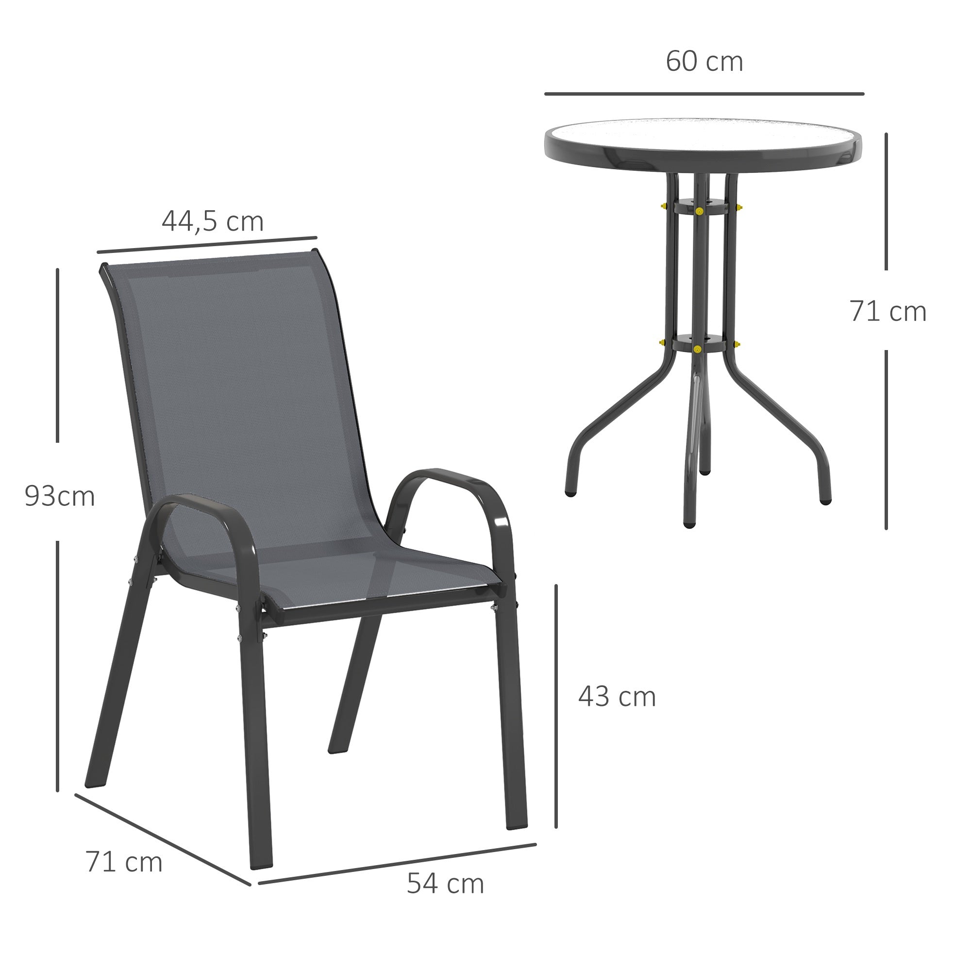 Utomhus bistroset – 3 delar, stapelbara stolar, glasbord