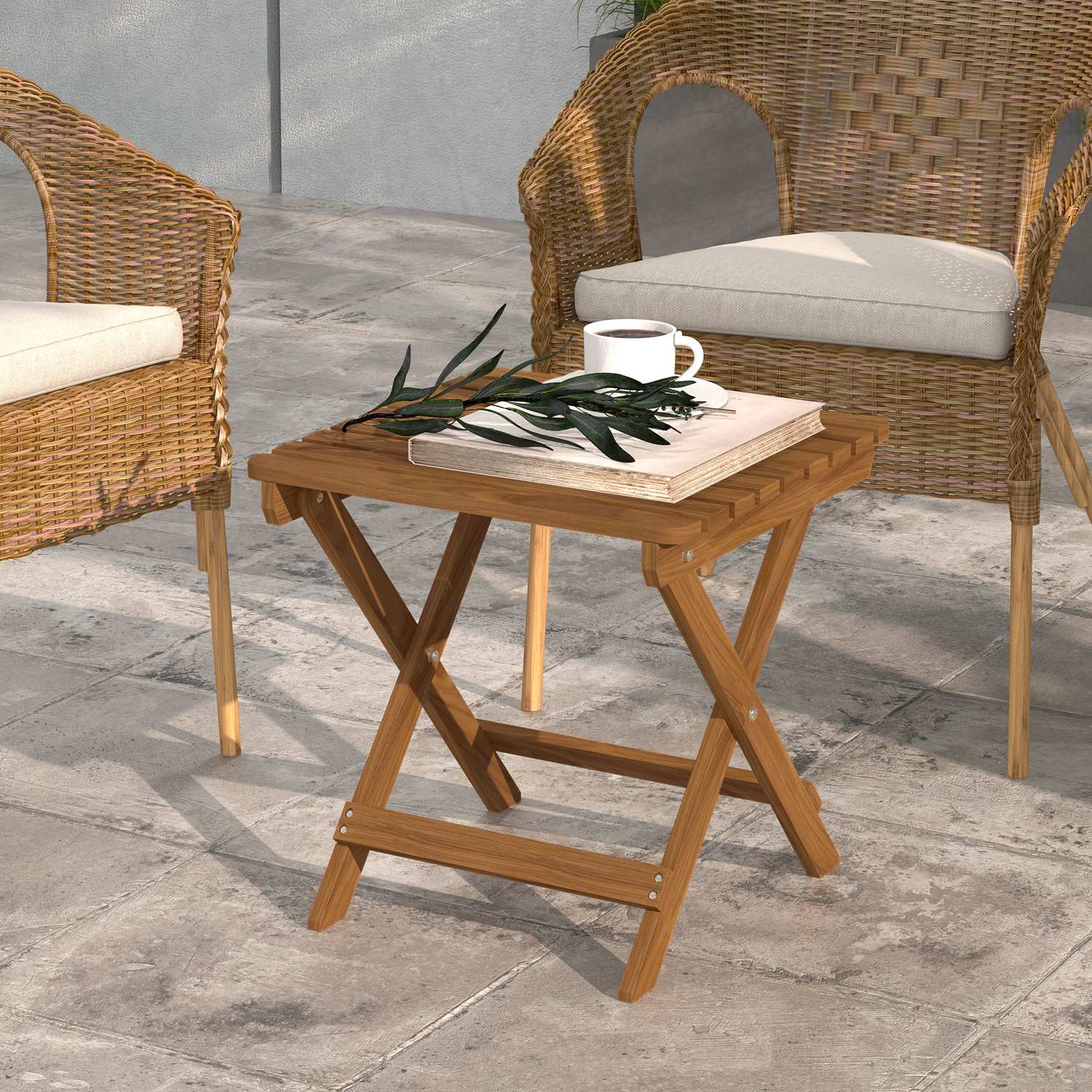 Utomhusfällbara sidobord i teak, Set om 2 – 45x45x45 cm