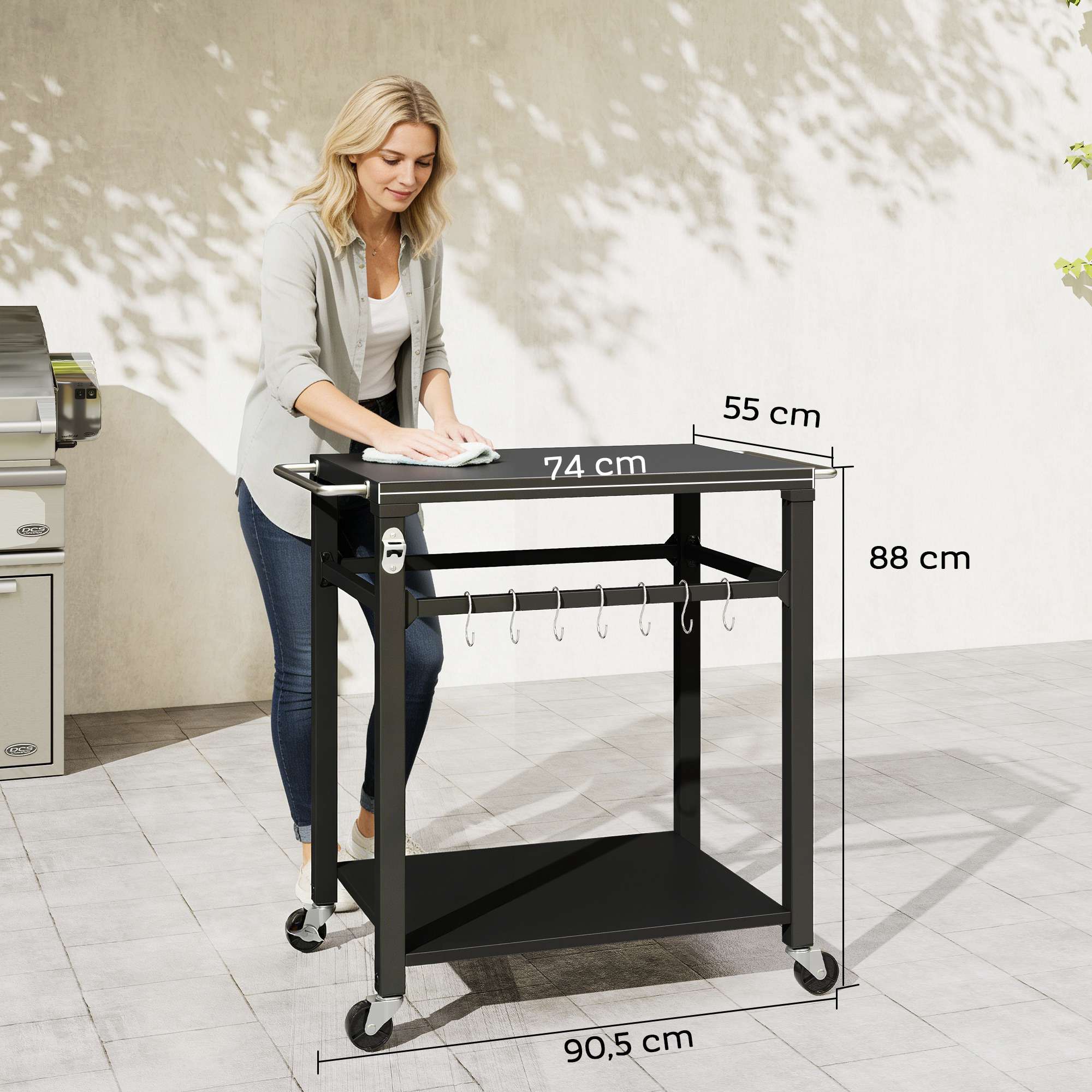 Utomhusgrillvagn med förvaring, metallyta, svart
