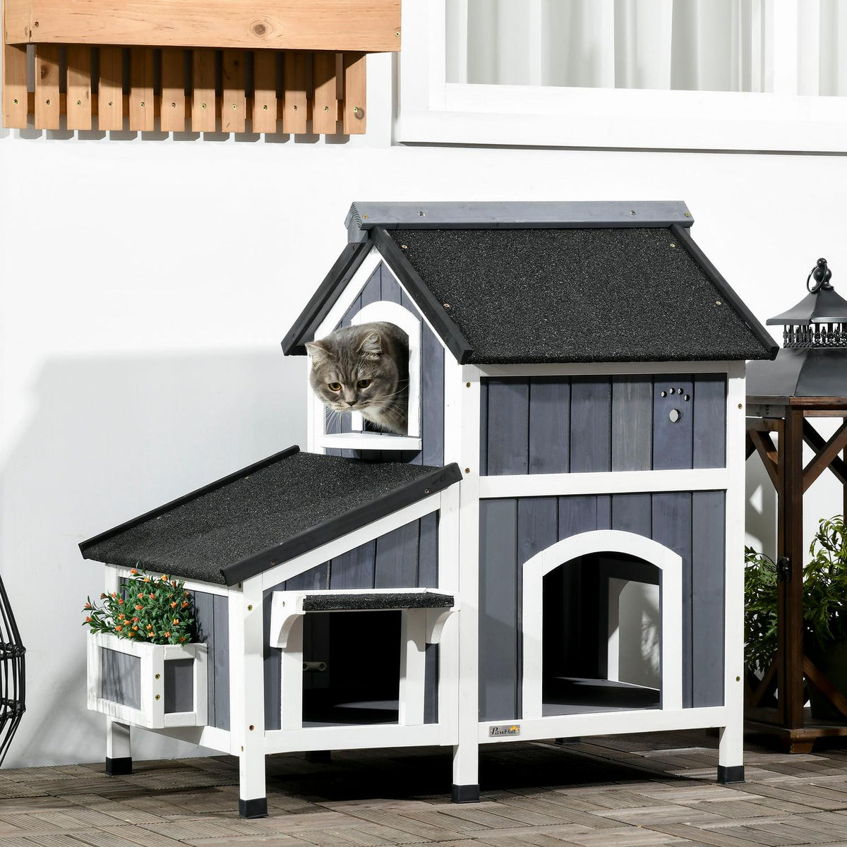 Maison pour chat d'extérieur, bois de sapin, 2 étages, toit bitumé