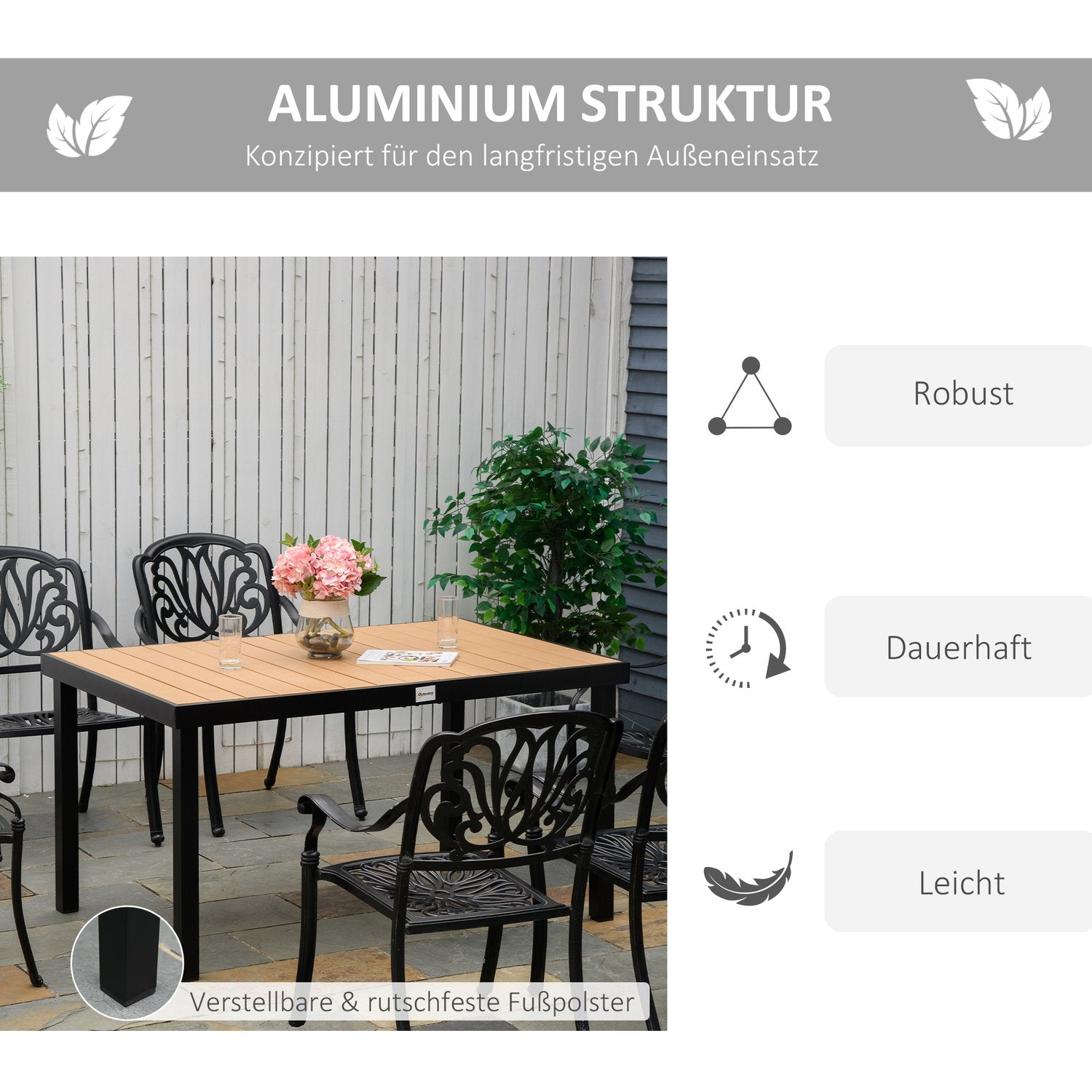 Utomhusmatbord för 6 – lättskött aluminium, 140x90x74 cm