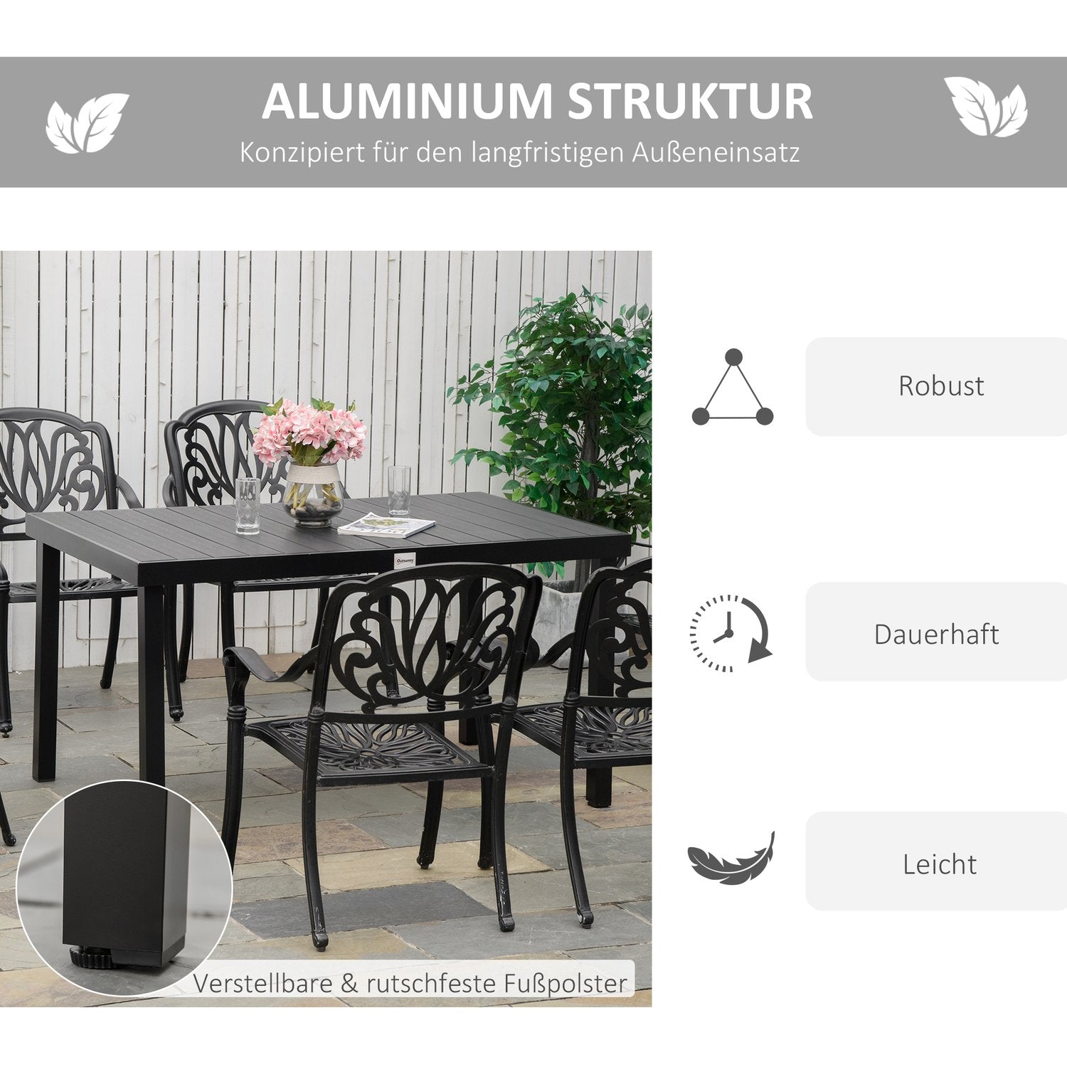 Utomhusmatbord för 6, lättskött aluminium, svart