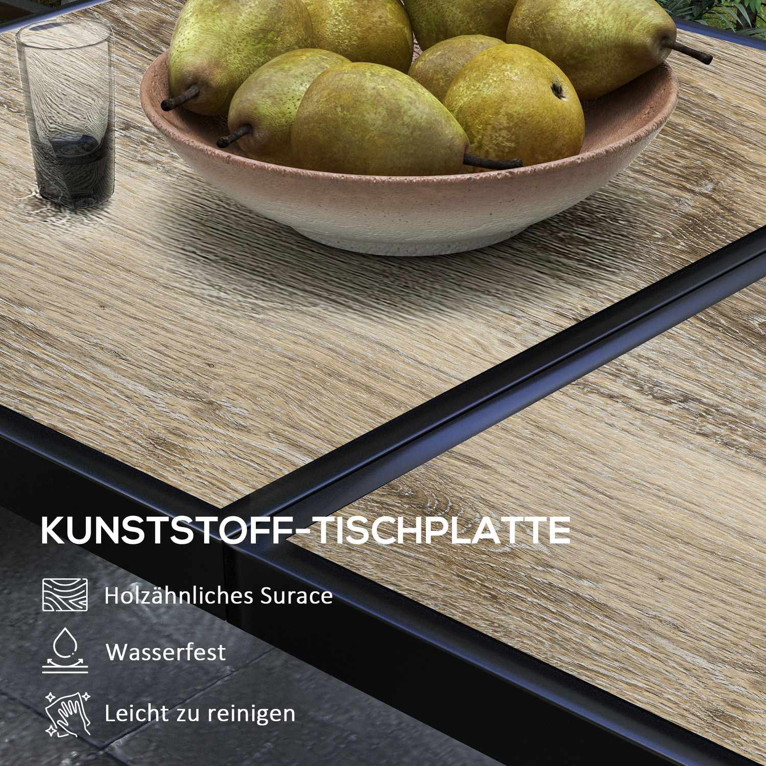 Utomhusmatbord för 6, trälook, stålstomme, grå