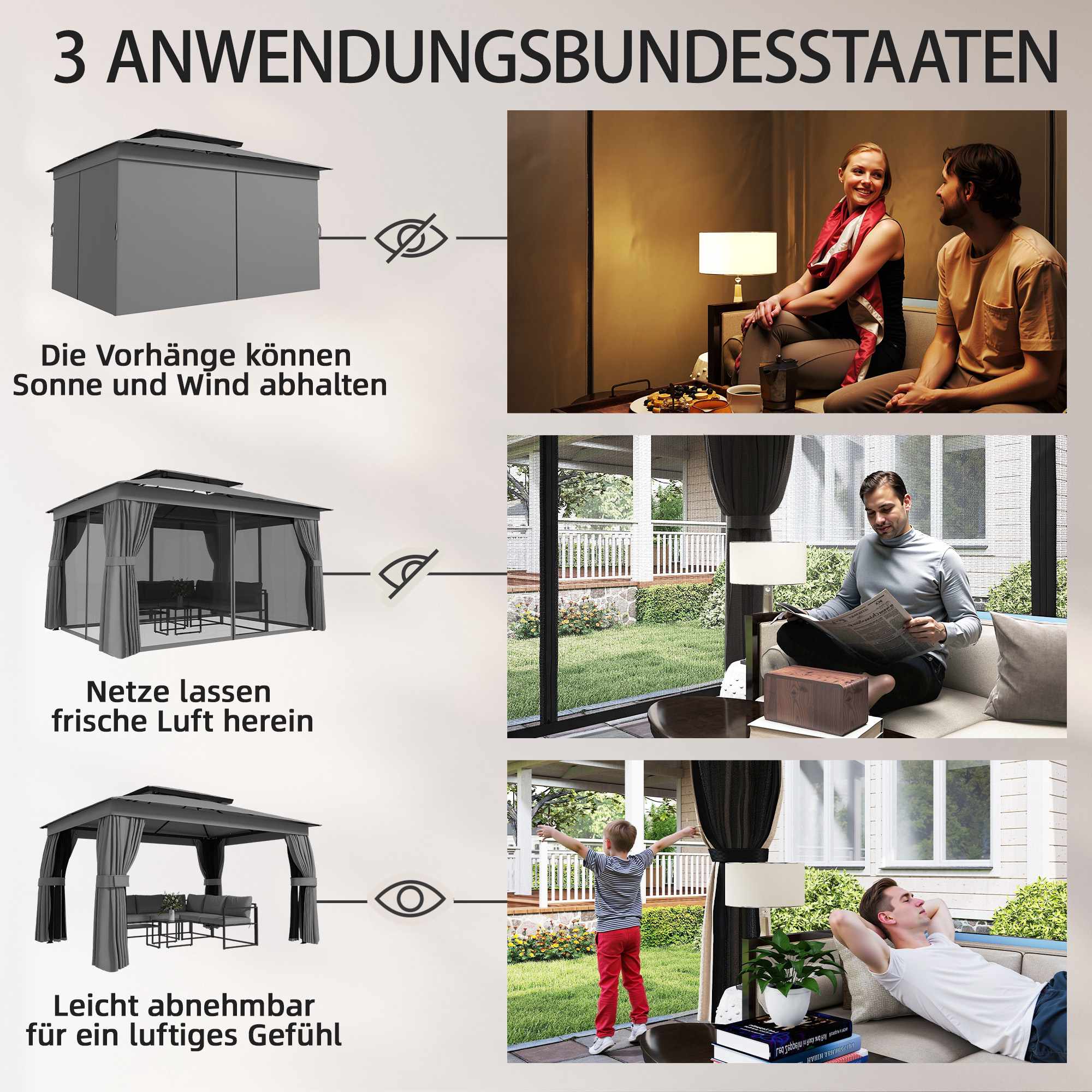 Utomhuspaviljong med UPF30+ tak och gardiner