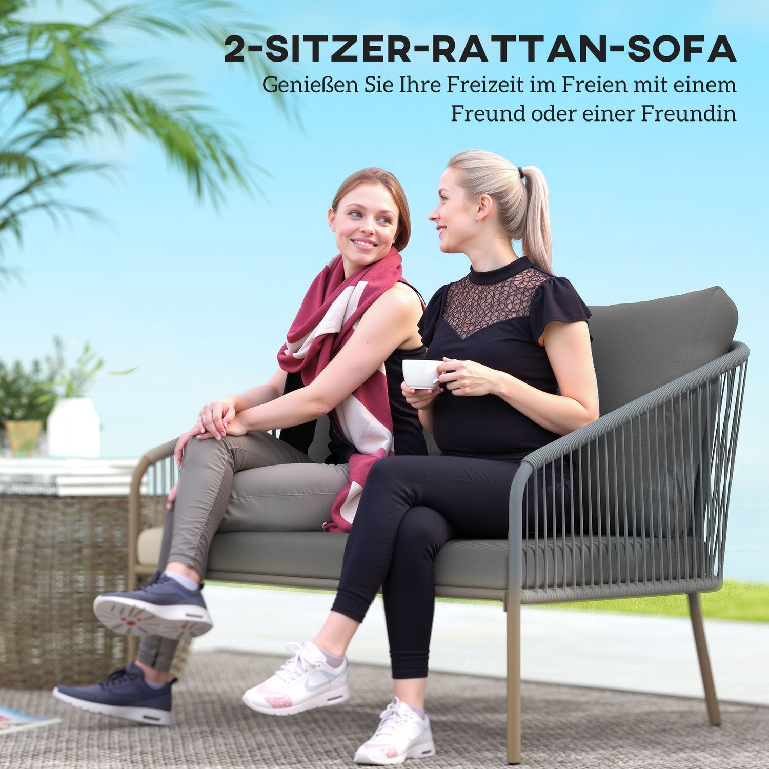Utomhus rotting 2-sits soffa med kuddar, grå