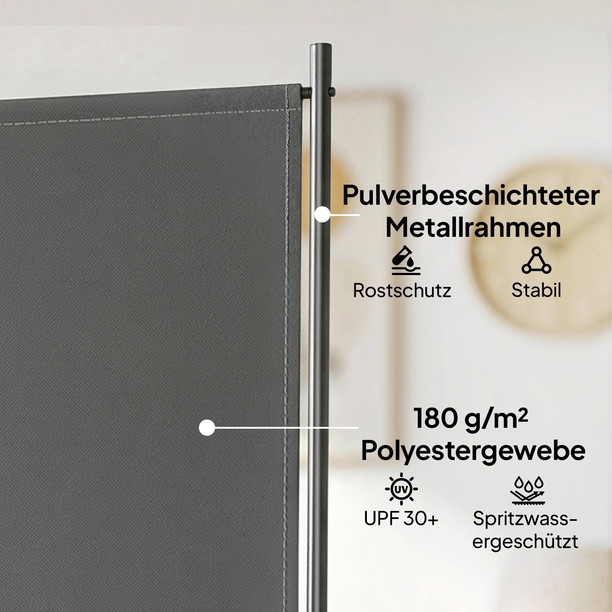 Utomhusskärm, 3-panels metall, mörkgrå, UV 30+