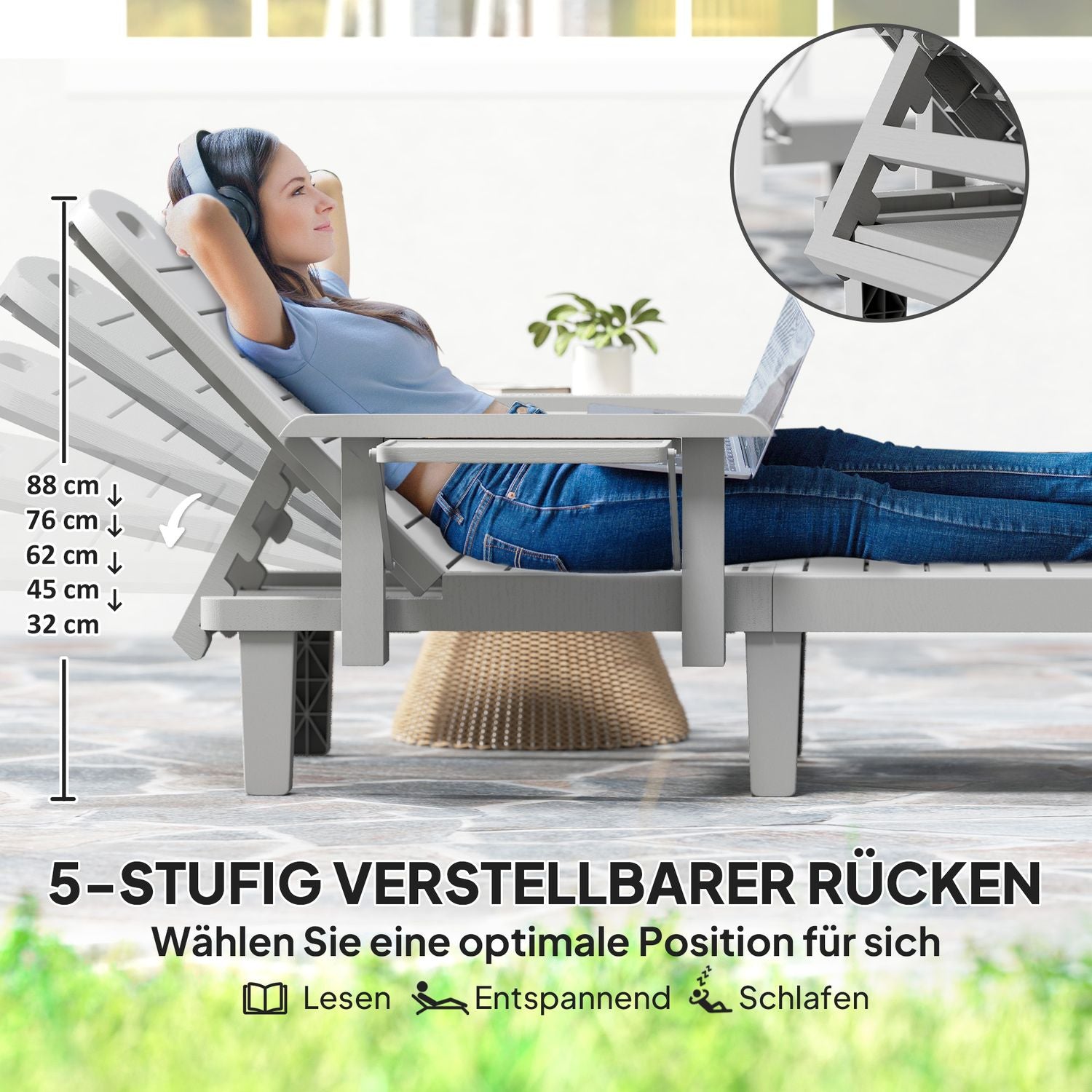 Utomhus solstolsset, trälook, justerbar i 5 positioner