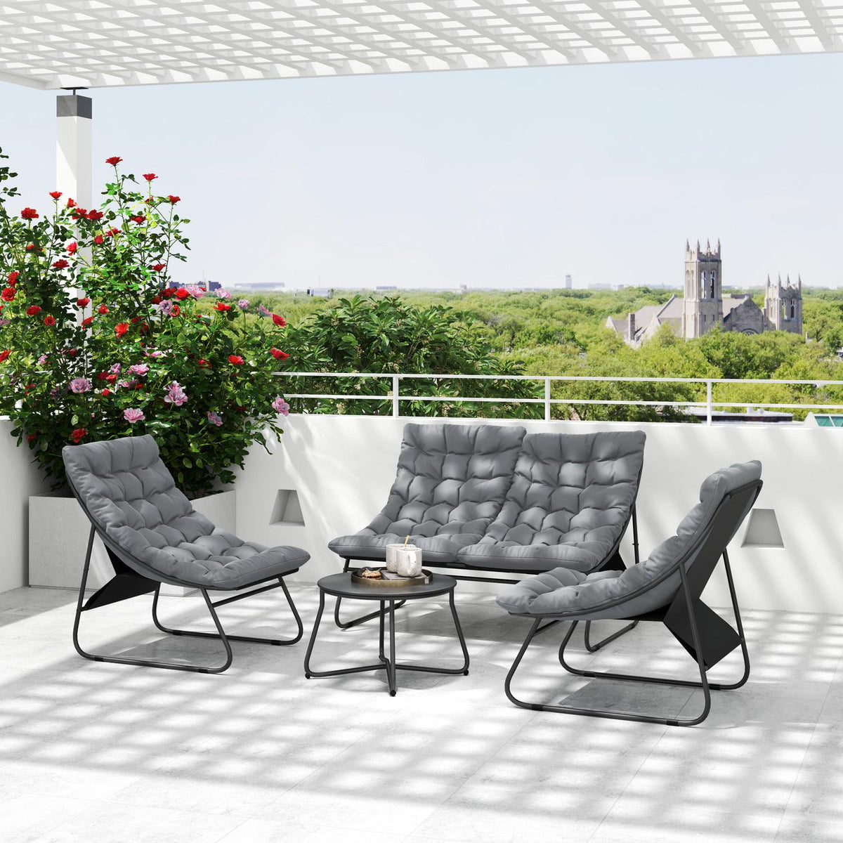 Salon de jardin en acier d'extérieur pour 4, résistant aux intempéries, gris