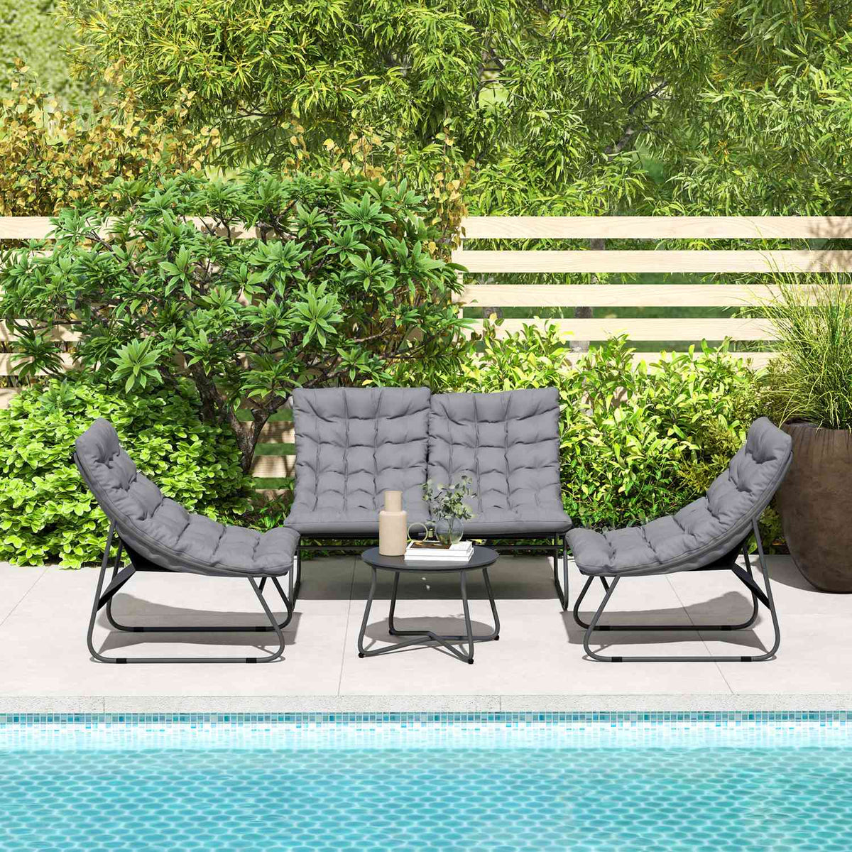 Salon de jardin en acier d'extérieur pour 4, résistant aux intempéries, gris