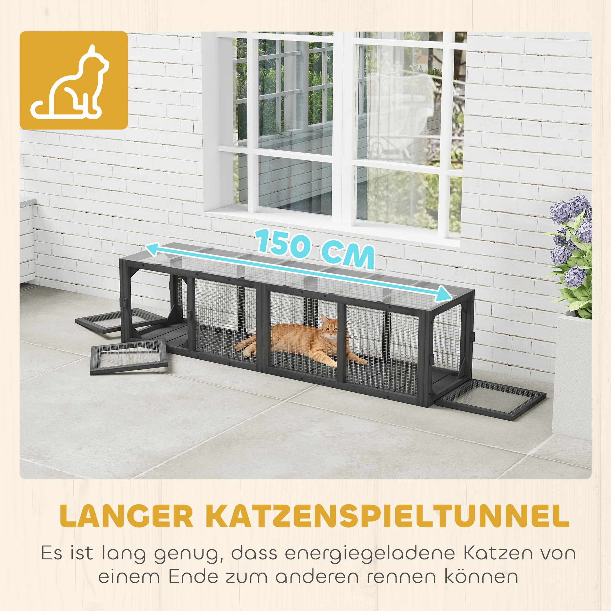 Utomhustunnel för katt, väderbeständigt trä och plast, 146 cm