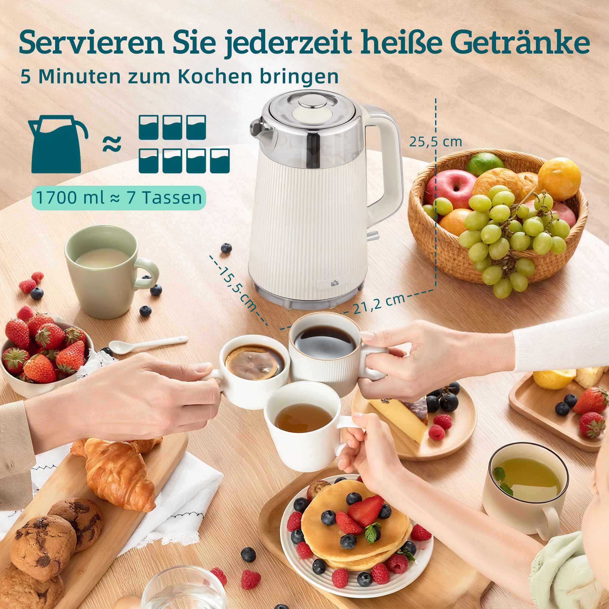 Vattenkokare 1,7 l 2200 W & brödrost för 4 skivor, krämvit