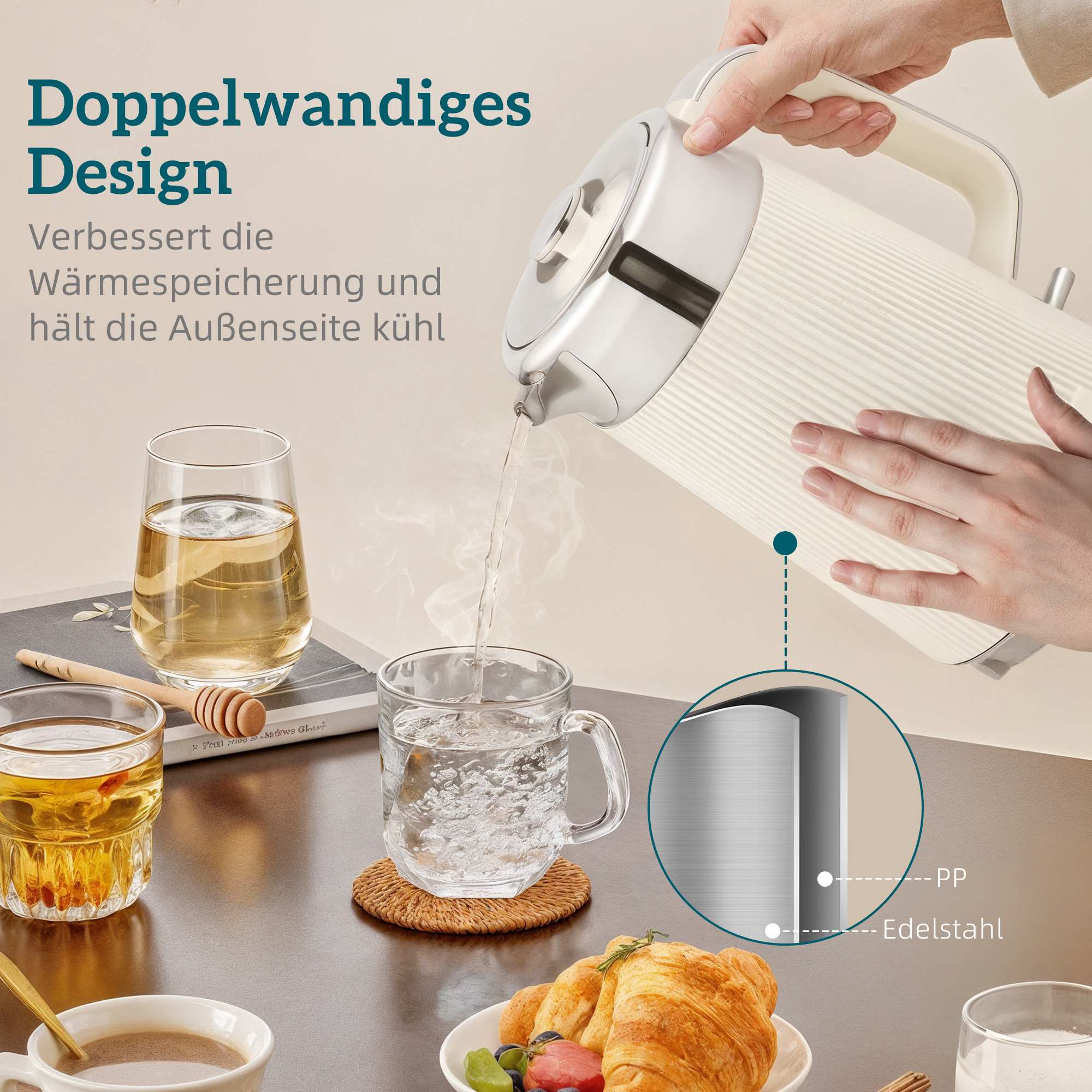 Vattenkokare 1,7 l 2200 W & brödrost för 4 skivor, krämvit