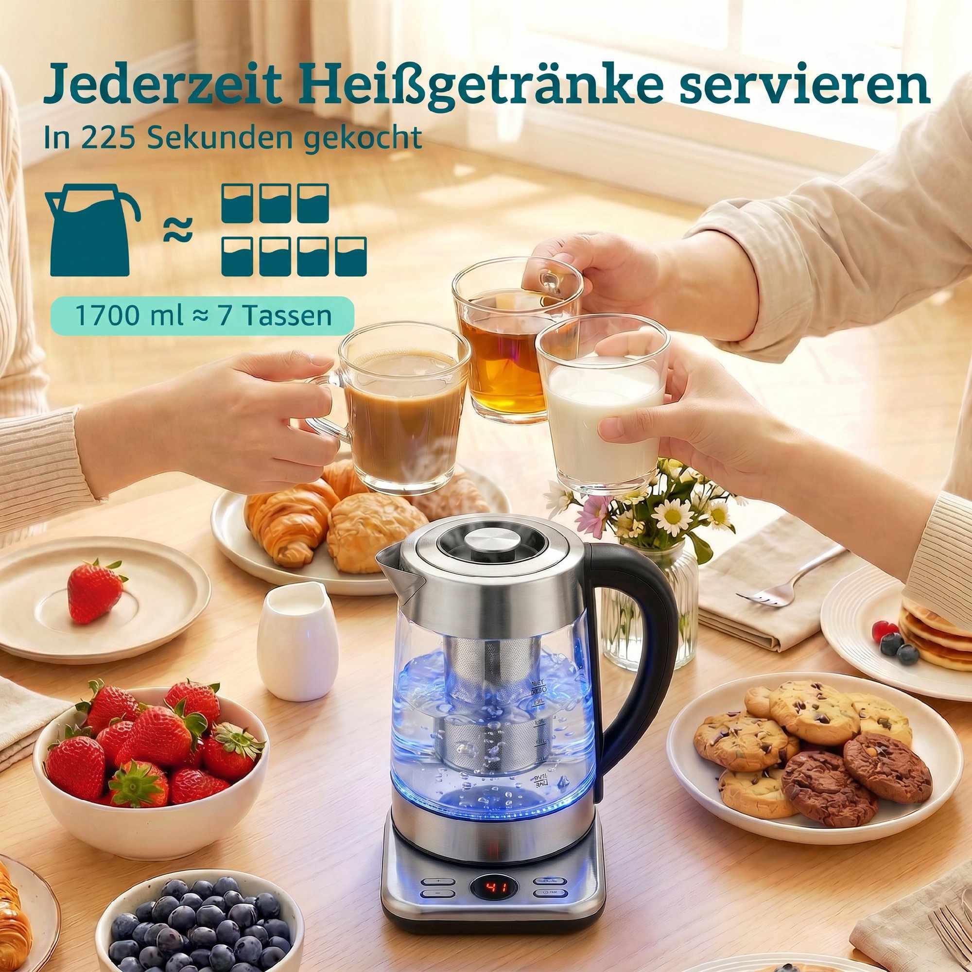 Vattenkokare 1,7 l, 2200 W, glas, Strix termostat, tebryggare