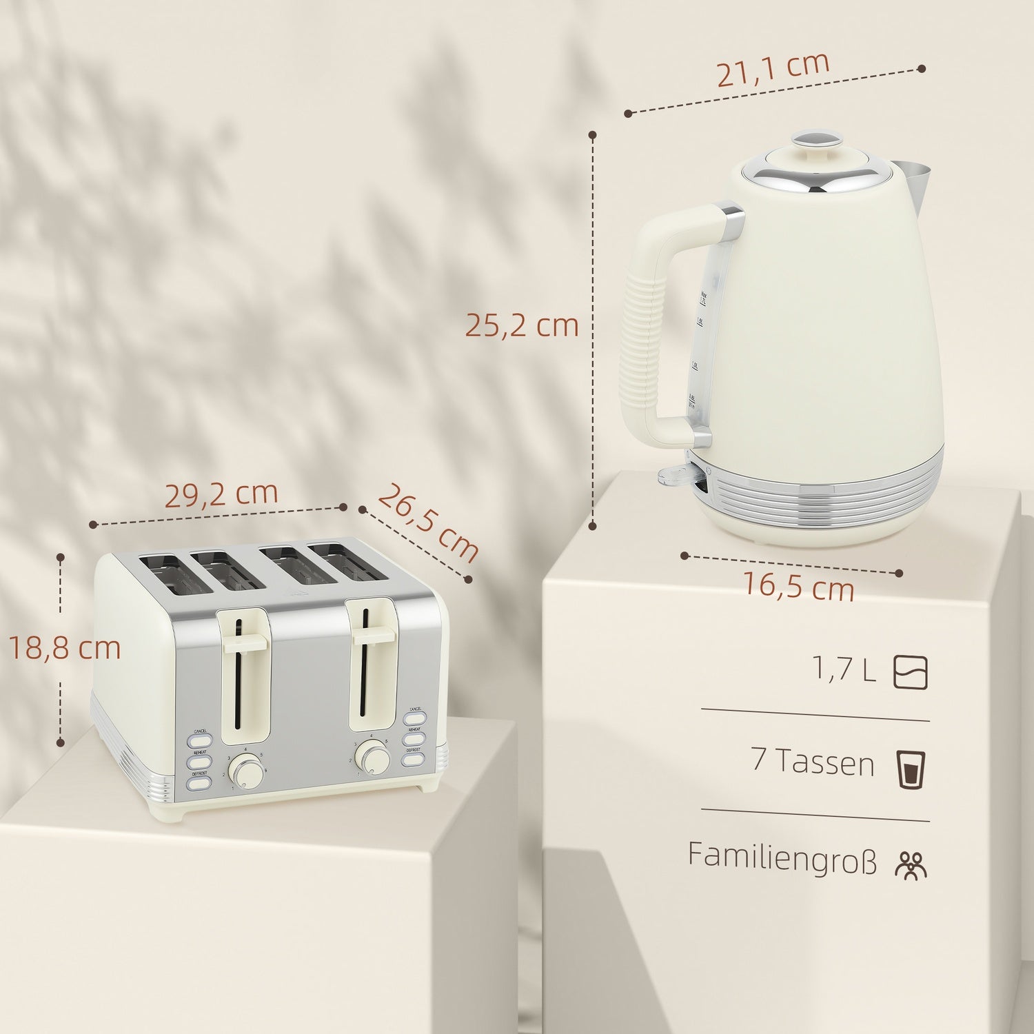 Vattenkokare och brödrost, 1,7 l, 2200 W, 4 platser, 7 rostningsnivåer