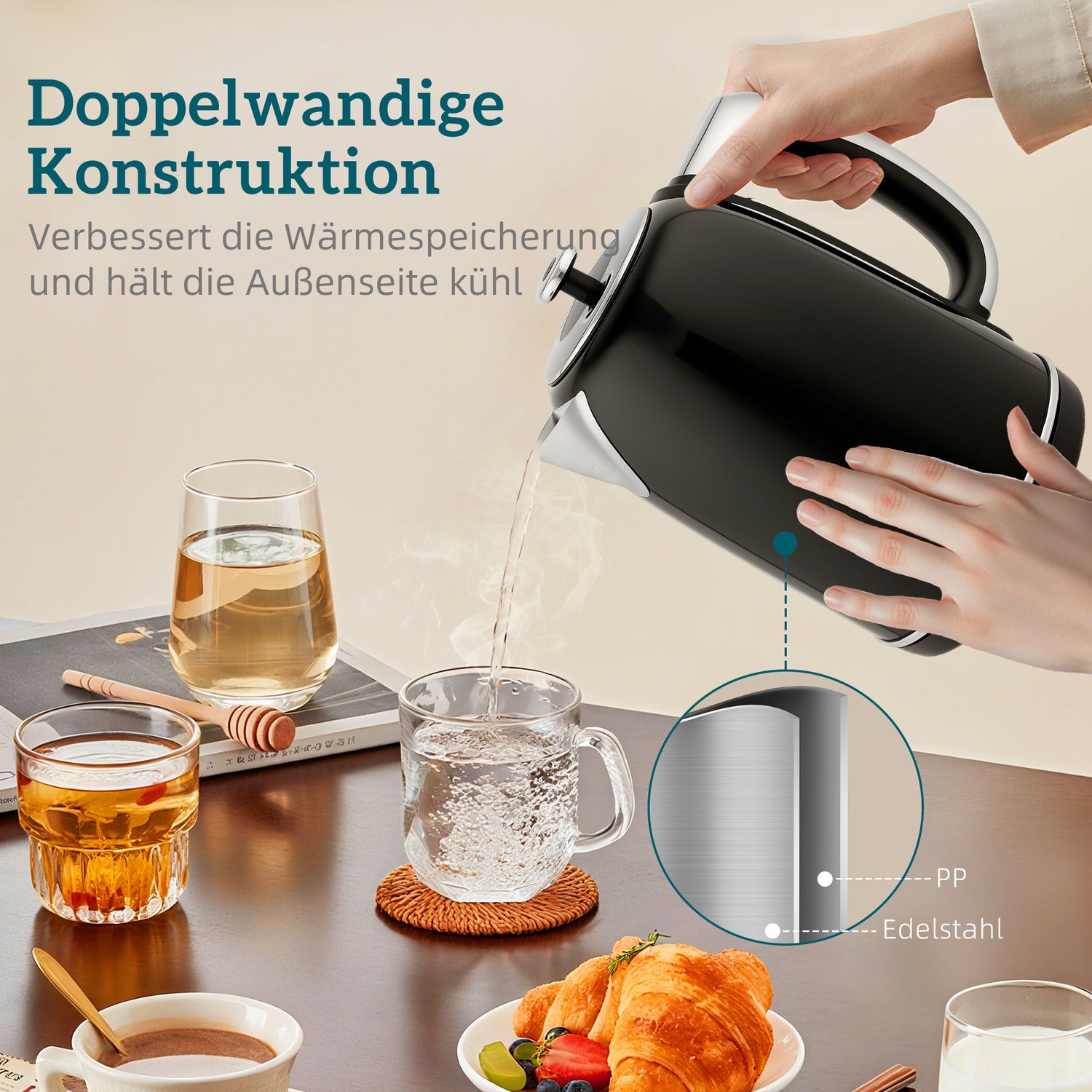 Vattenkokare och brödrost, LED-display, 1,7 l, 2200 W, svart