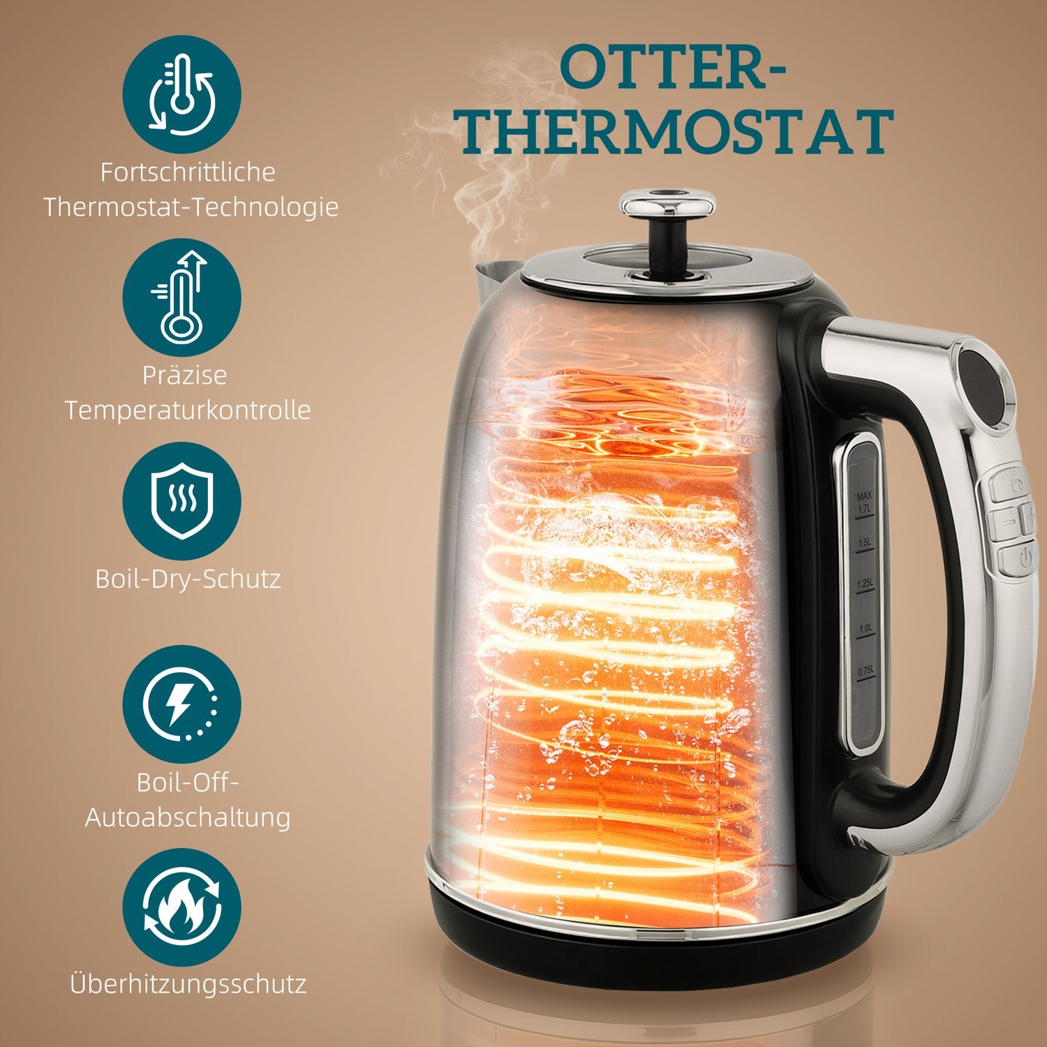 Vattenkokare och brödrost, LED-display, 1,7 l, 2200 W, svart