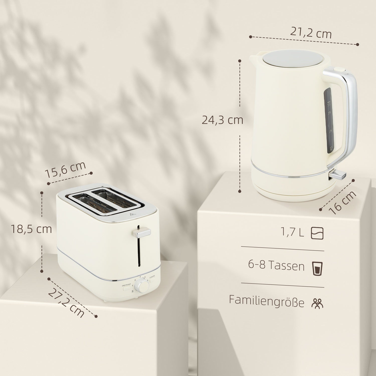 Vattenkokare och brödrostset, 1,7 l, 6 bryningsnivåer, beige
