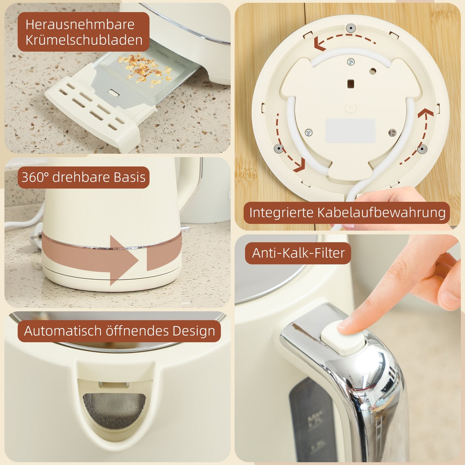 Vattenkokare och brödrostset, 1,7 l, 6 bryningsnivåer, beige