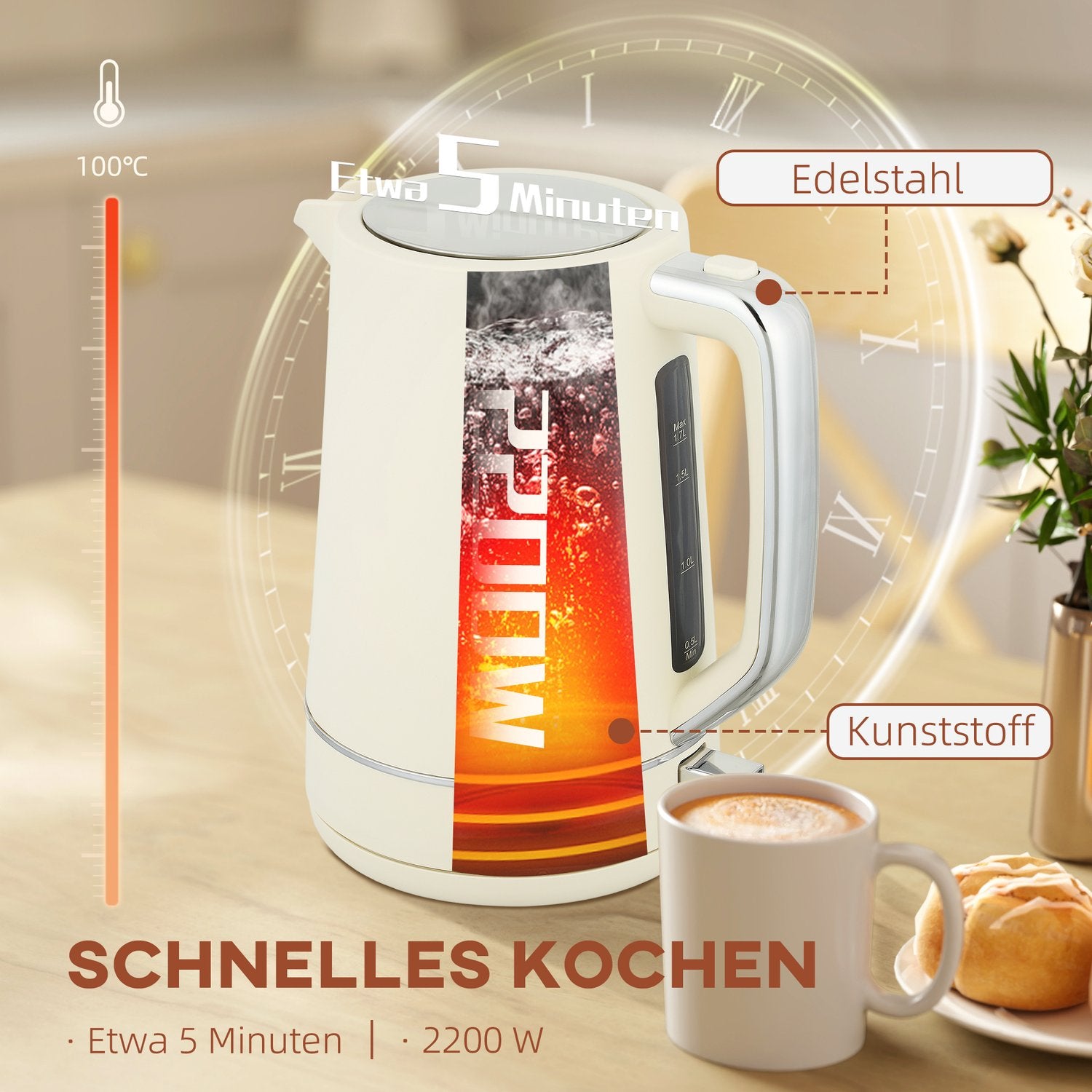 Vattenkokare och brödrostset, 1,7 l, 6 bryningsnivåer, beige