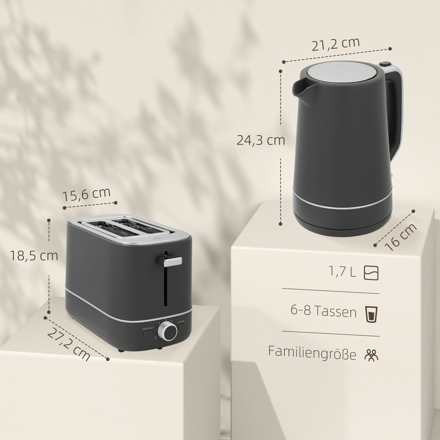 Vattenkokare och brödrostset, 1,7 l, 6 bryningsnivåer, grå