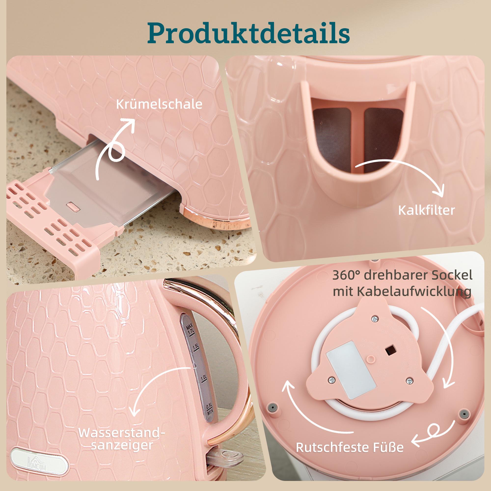 Vattenkokare och brödrostset, 1,7 l snabbkokning, 2 skivor, rosa