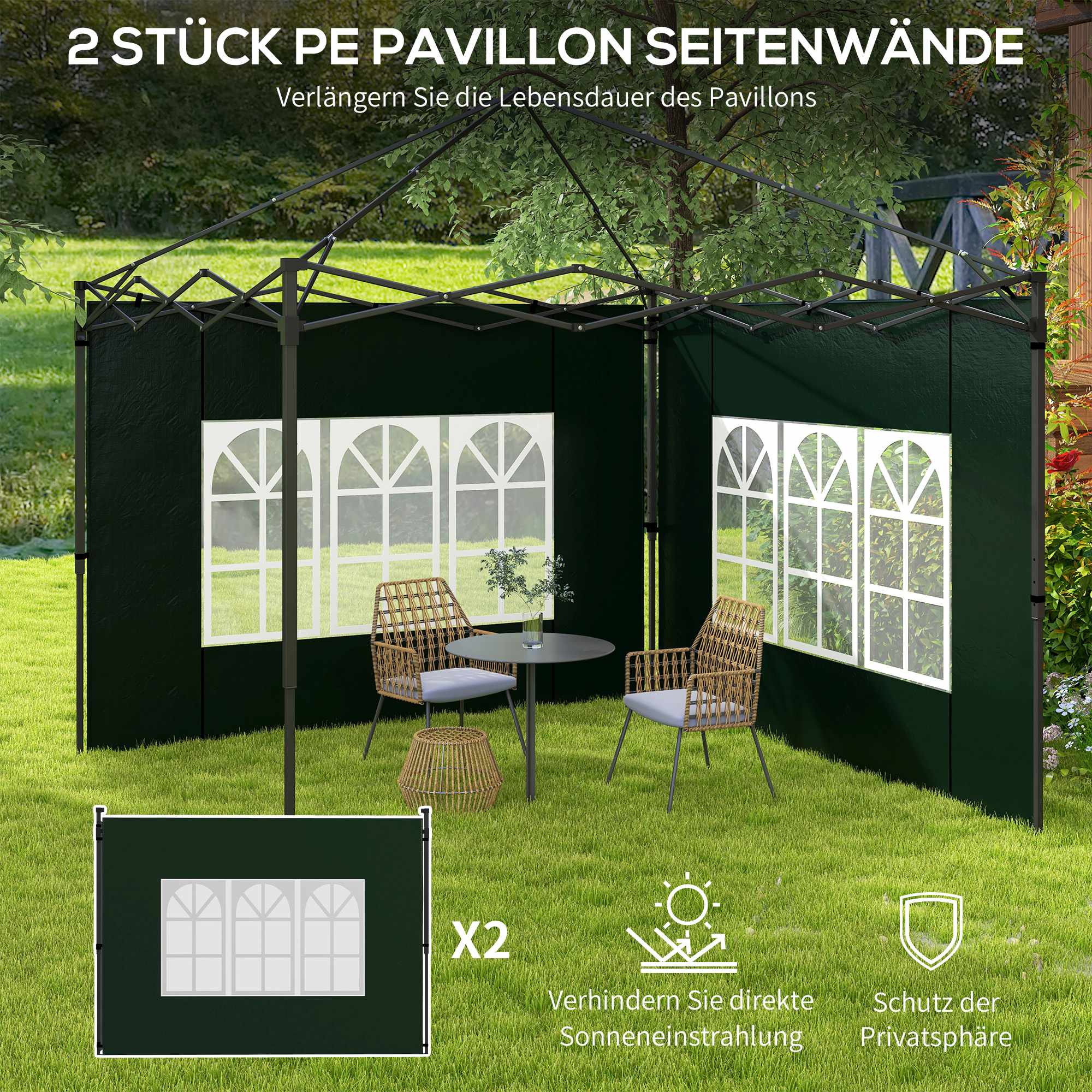 Vattentäta sidoväggar till paviljongen med fönster, 2-pack, gröna