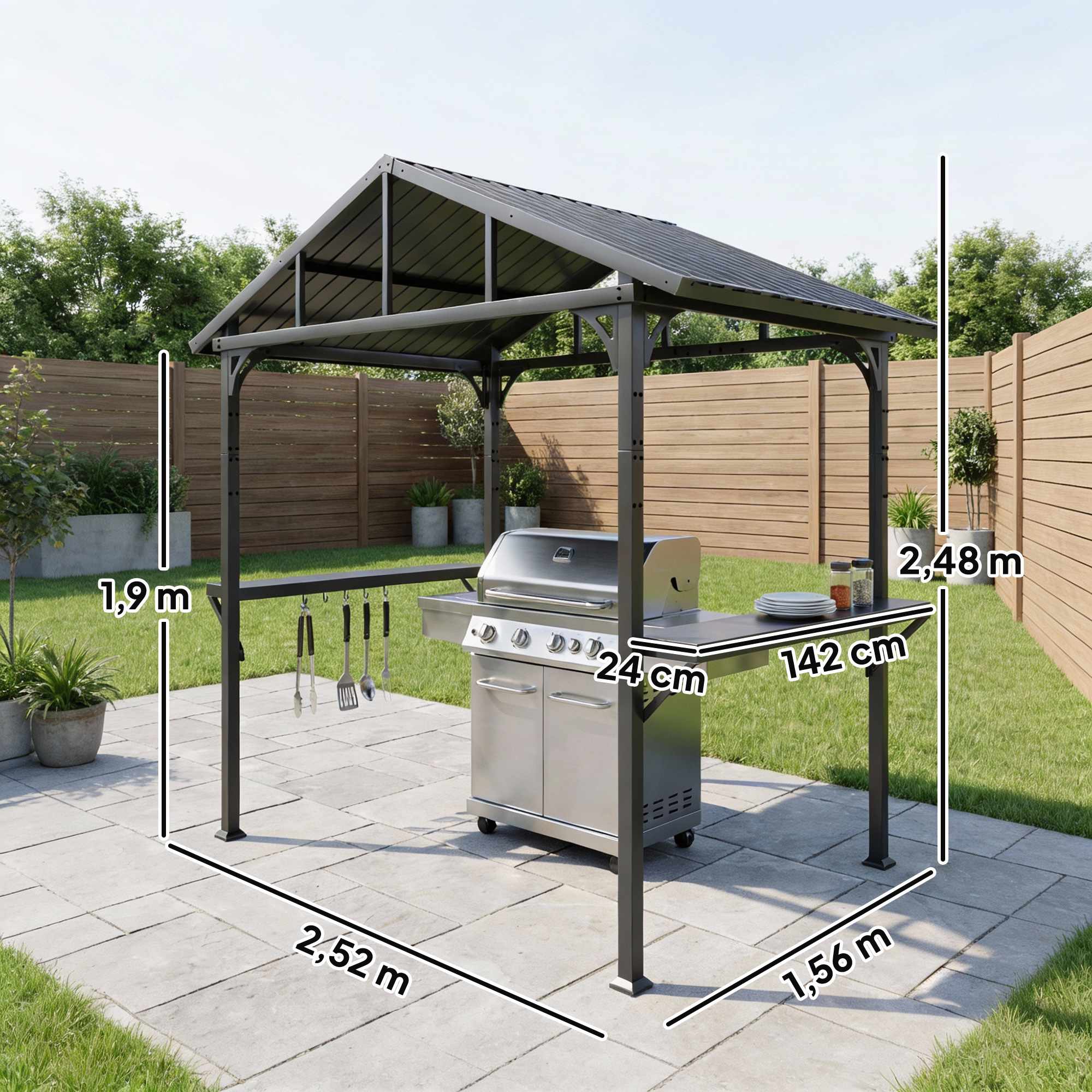 Vattentät grillpaviljong med stålram och hyllor